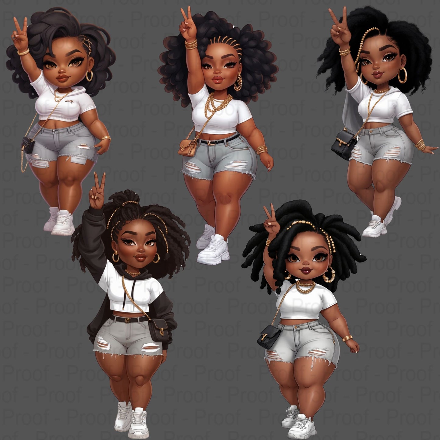 Peace Sign Pose Curvy Black Girl Clipart PNG Bundle | Street Style Fashion | High-Res 300 DPI Transparent Files for Sublimation & Merch Digital File Style-Junction Custom Designs & Prints