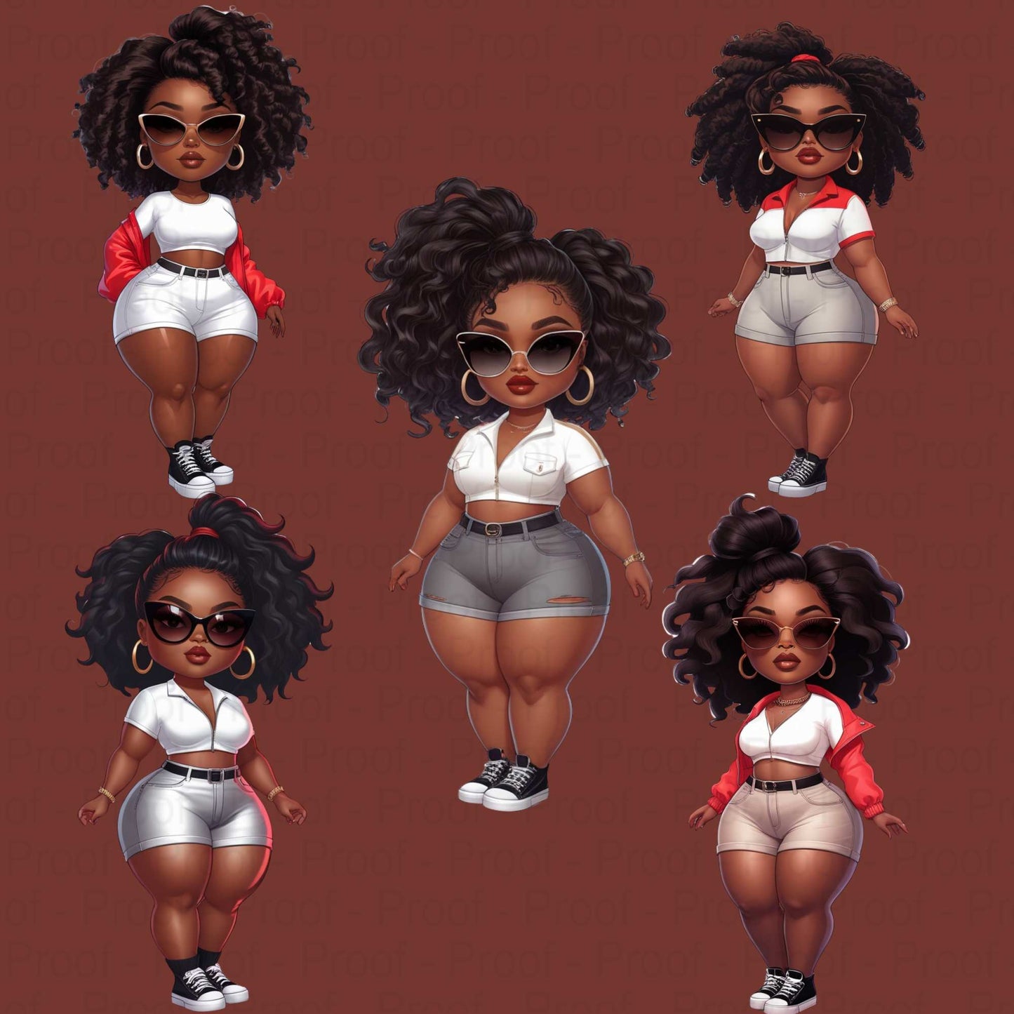 Curvy Black Girl Power Pose Clipart Bundle | Bold Sunglasses Fashion Illustrations | High-Res Transparent PNGs for DTF & Sublimation Digital File Style-Junction Custom Designs & Prints