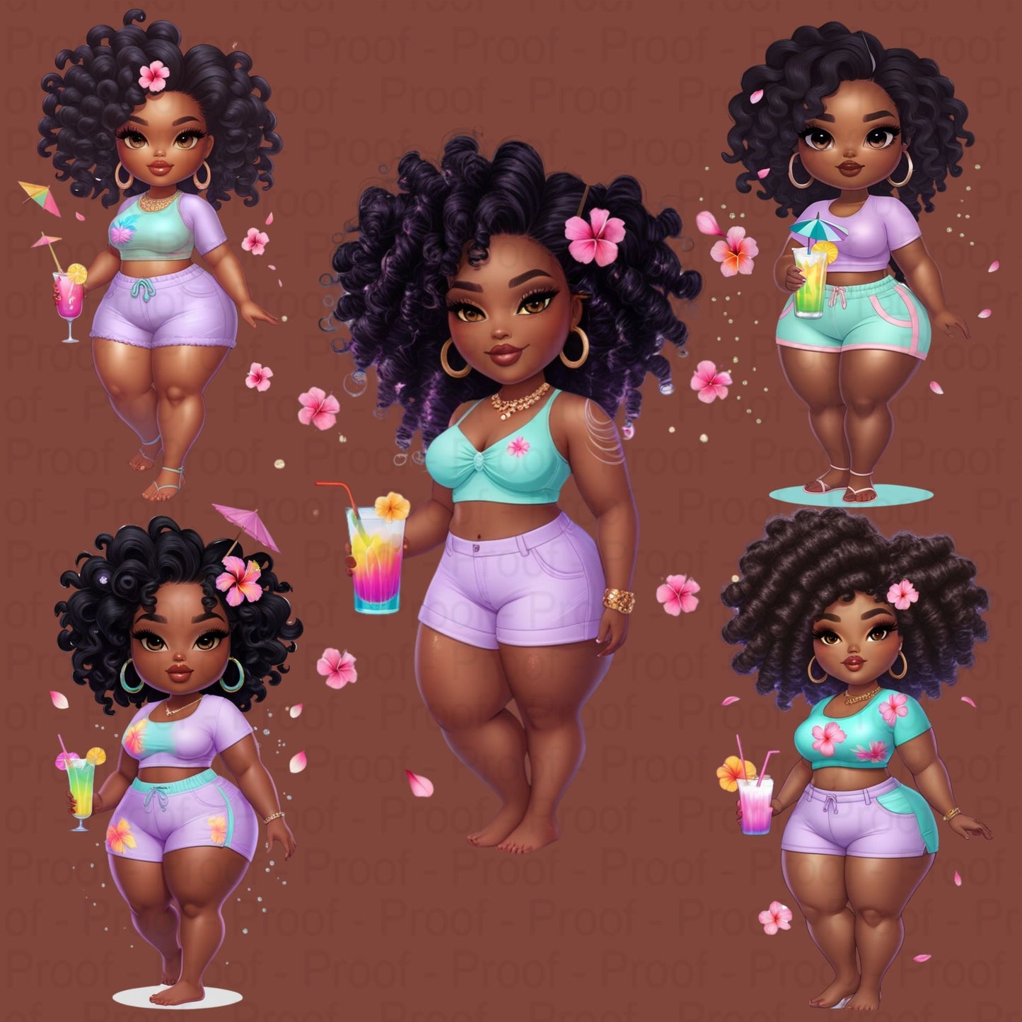 Tropical Curvy Black Girl PNG Clipart Bundle – 5 High-Res Transparent Files for Sublimation, T-Shirts, Mugs, Wall Art & More Digital File Style-Junction Custom Designs & Prints