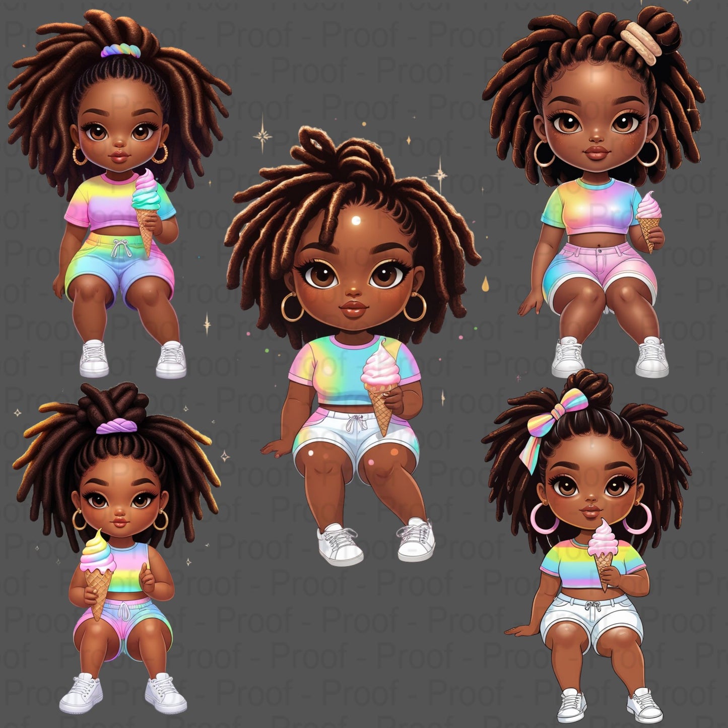 Curly Black Girl Clipart PNG Bundle | Sitting Pose Ice Cream Art | High-Res Transparent Files for Sublimation T-Shirts Mugs & More Digital File Style-Junction Custom Designs & Prints