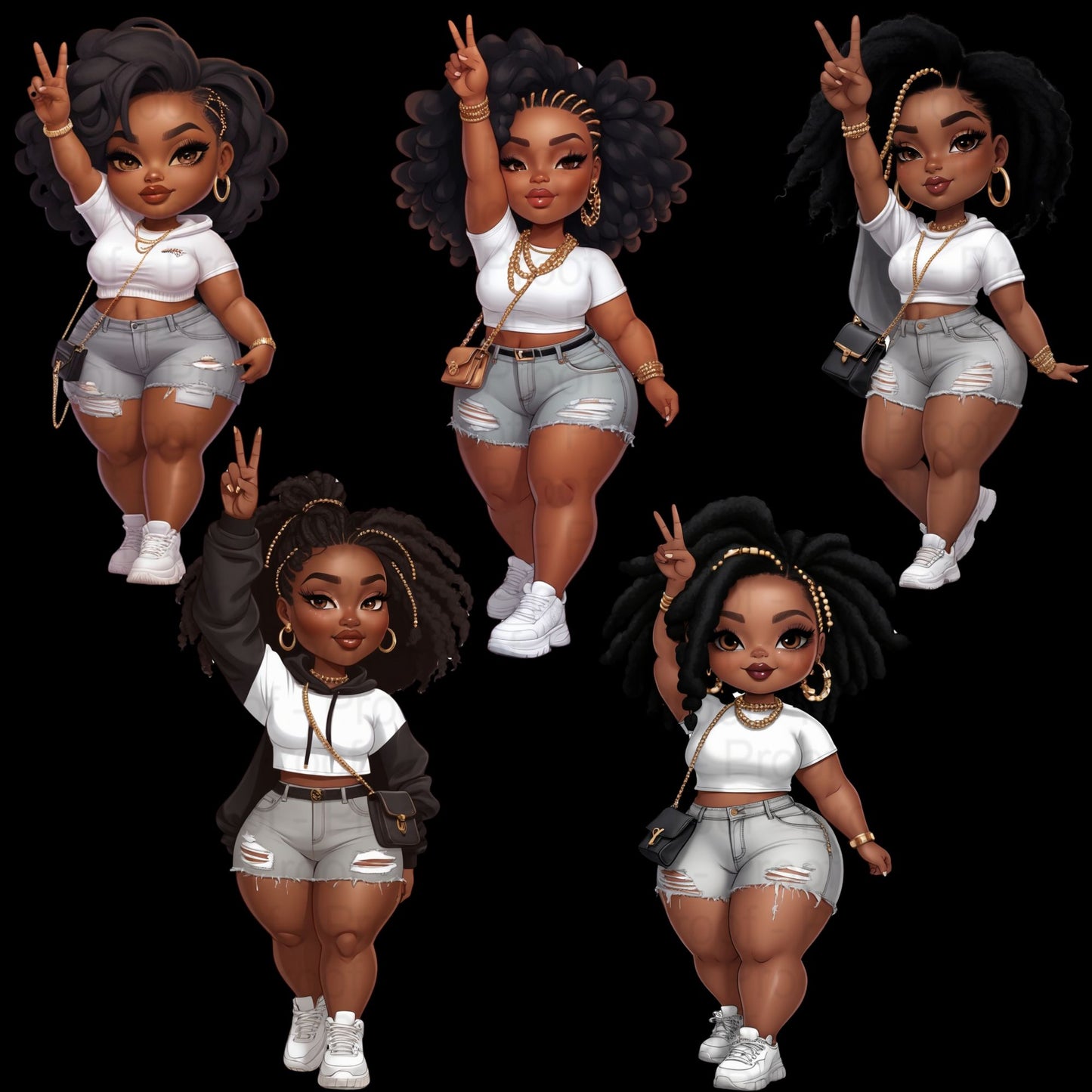 Peace Sign Pose Curvy Black Girl Clipart PNG Bundle | Street Style Fashion | High-Res 300 DPI Transparent Files for Sublimation & Merch Digital File Style-Junction Custom Designs & Prints
