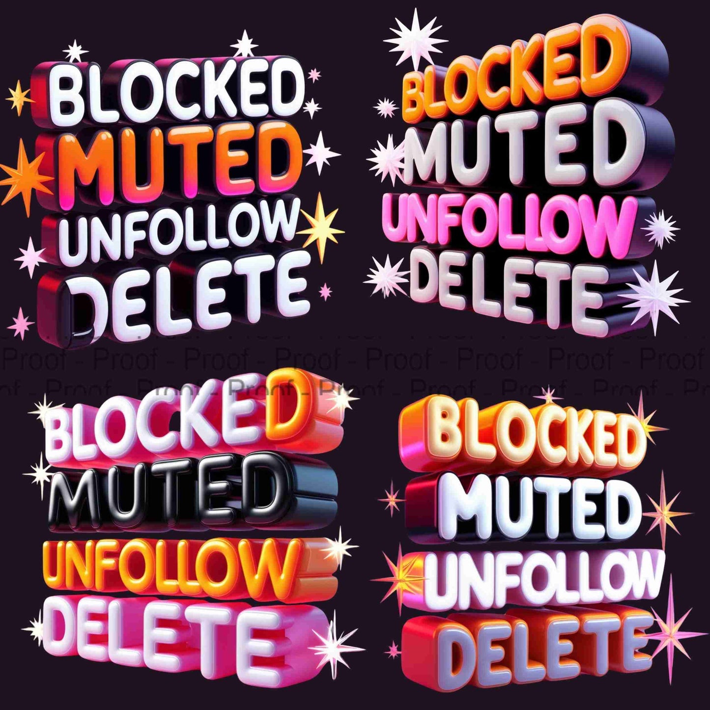 Bold 3D Block Letter PNG Bundle | “Blocked Muted Unfollow Delete” Transparent Sublimation Graphics for Shirts, Mugs & Wall Art Digital File Style-Junction Custom Designs & Prints