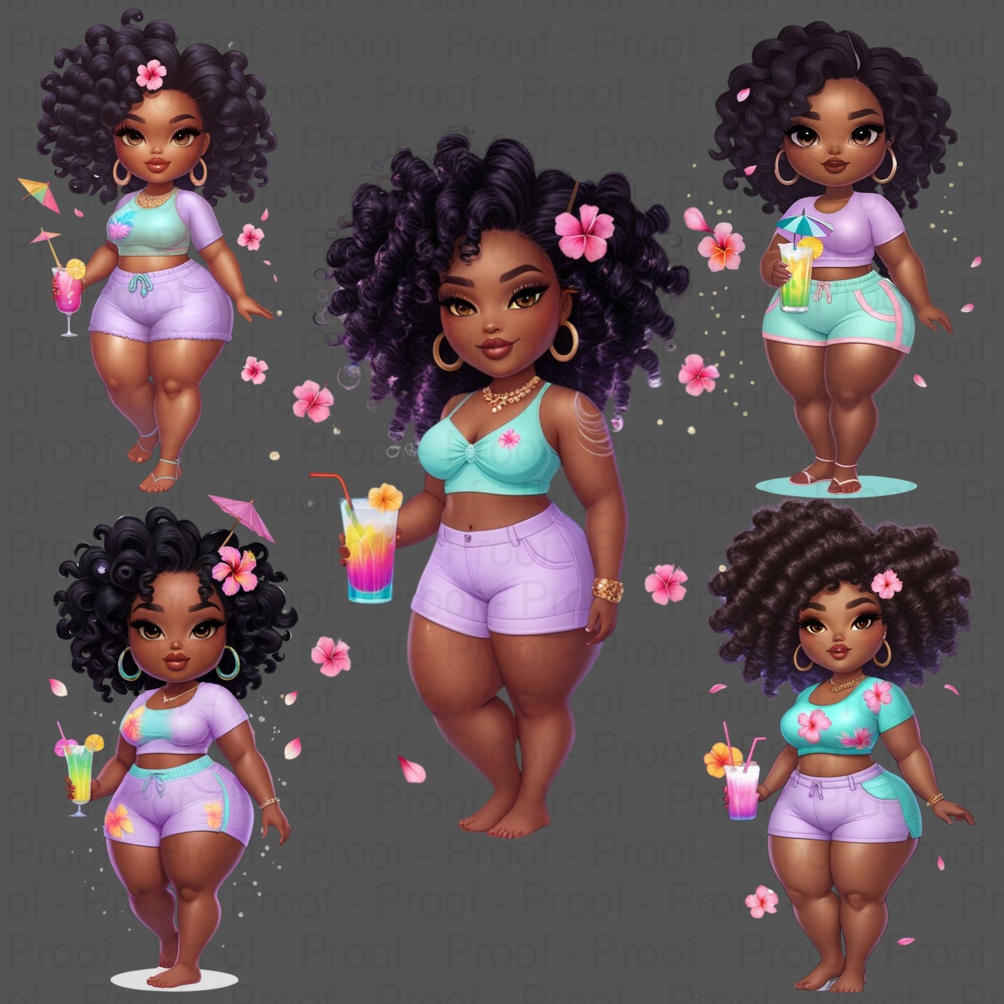 Tropical Curvy Black Girl PNG Clipart Bundle – 5 High-Res Transparent Files for Sublimation, T-Shirts, Mugs, Wall Art & More Digital File Style-Junction Custom Designs & Prints