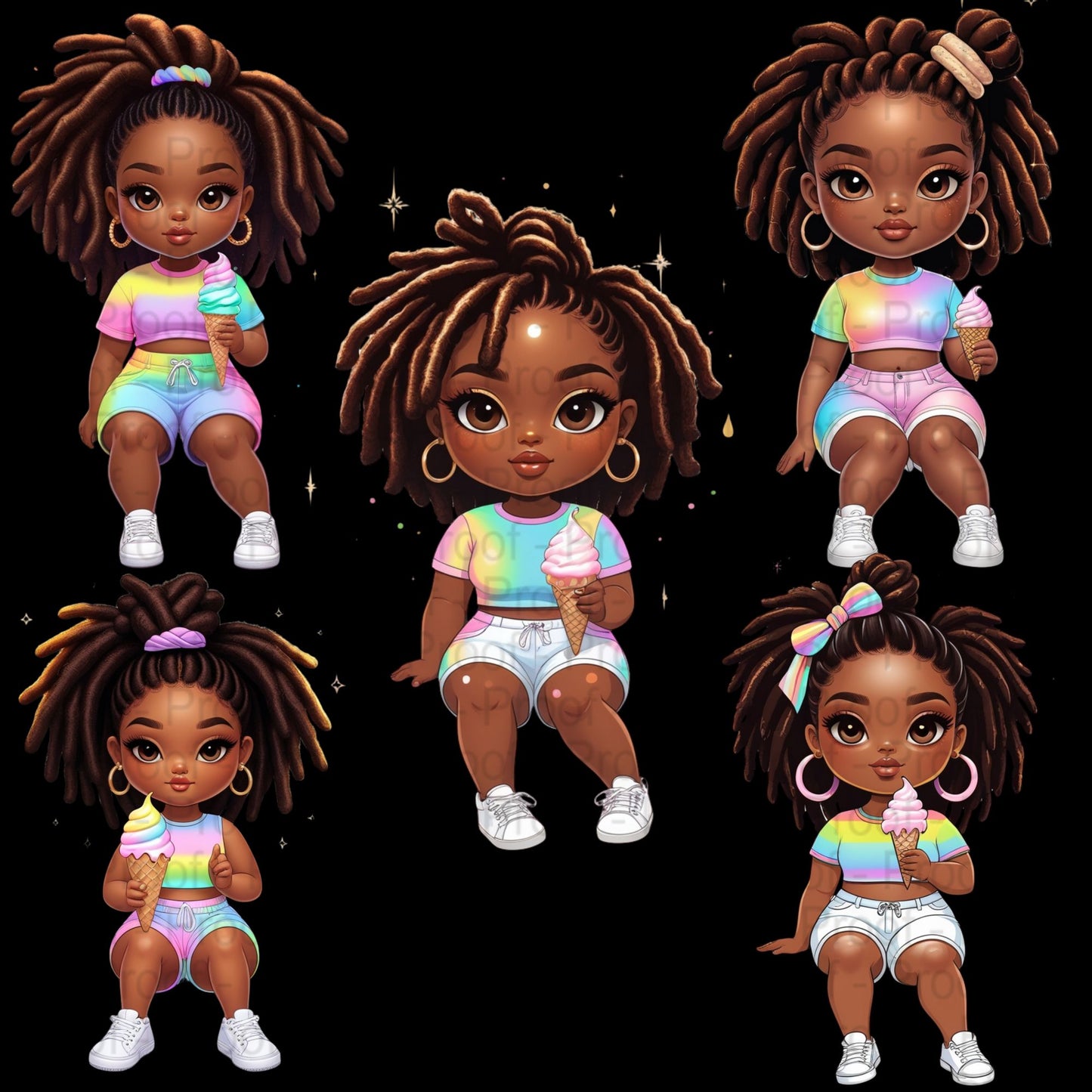 Curly Black Girl Clipart PNG Bundle | Sitting Pose Ice Cream Art | High-Res Transparent Files for Sublimation T-Shirts Mugs & More Digital File Style-Junction Custom Designs & Prints