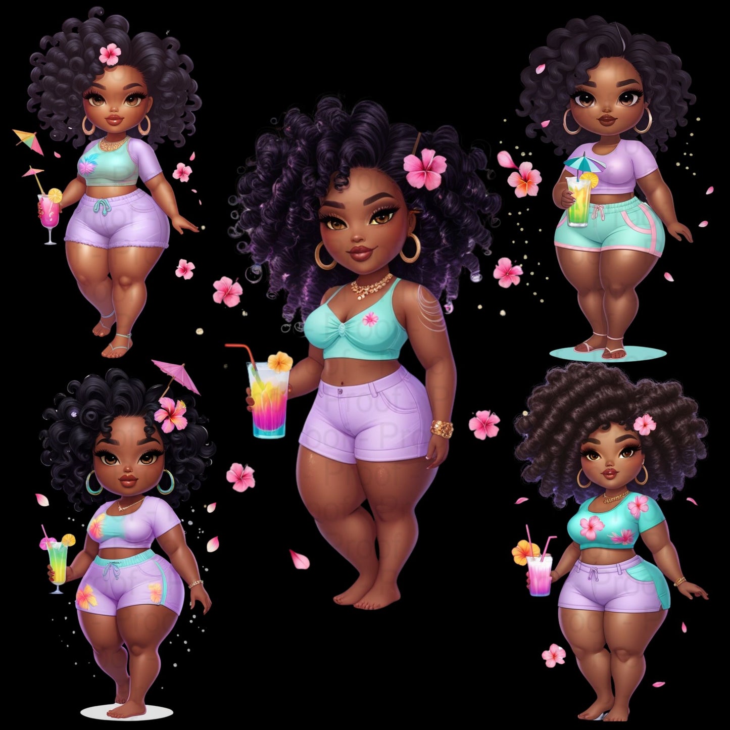 Tropical Curvy Black Girl PNG Clipart Bundle – 5 High-Res Transparent Files for Sublimation, T-Shirts, Mugs, Wall Art & More Digital File Style-Junction Custom Designs & Prints