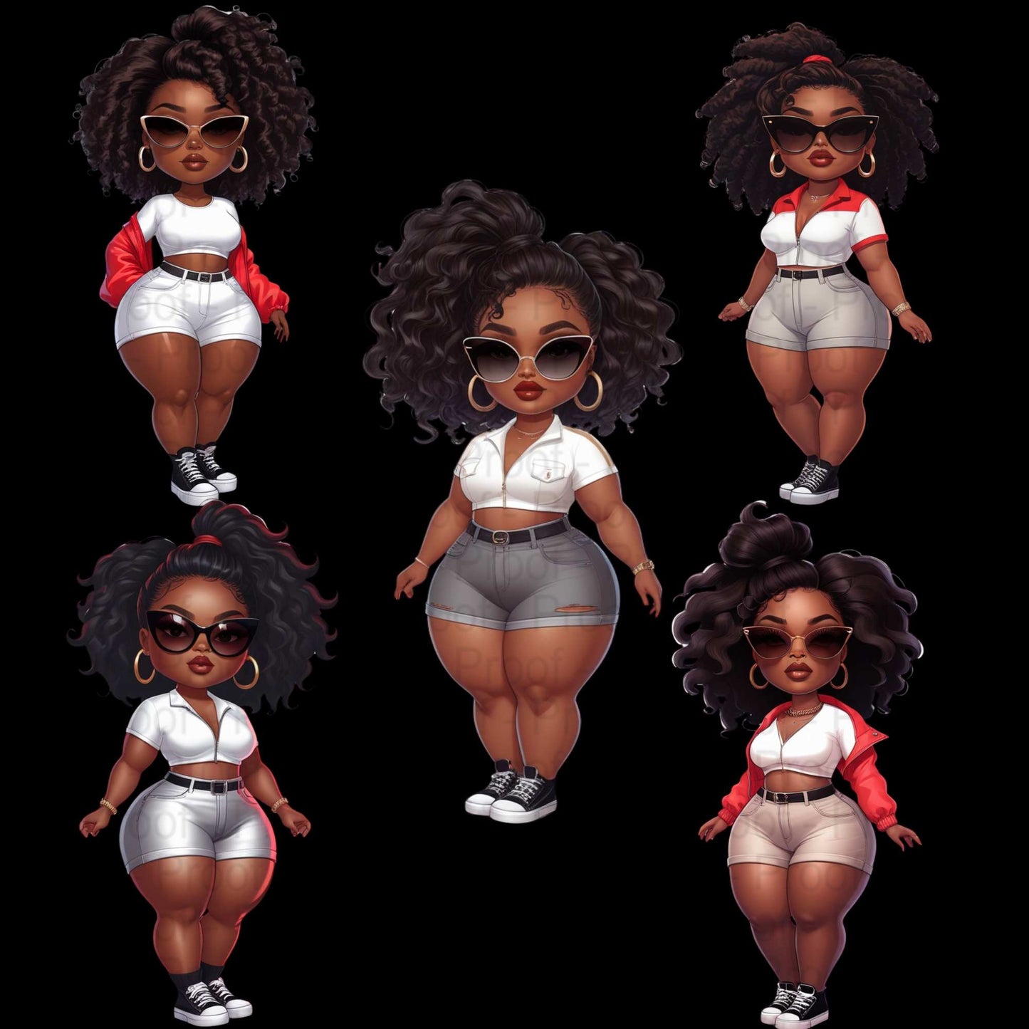 Curvy Black Girl Power Pose Clipart Bundle | Bold Sunglasses Fashion Illustrations | High-Res Transparent PNGs for DTF & Sublimation Digital File Style-Junction Custom Designs & Prints
