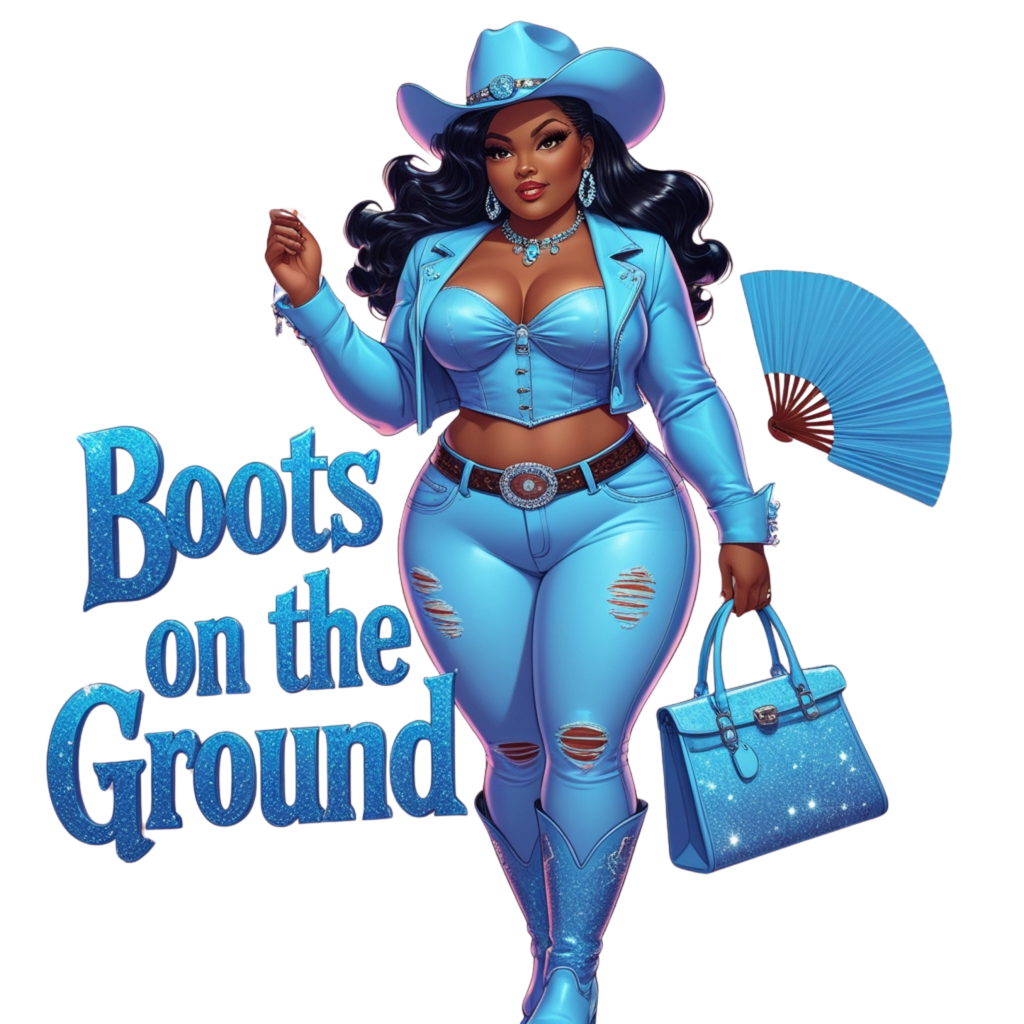 Boots on the Ground Blue Curvy Cowgirl DTF Heat Transfers DTF Transfers Style Junction – Custom Digital Designs 4 Pocket 4 x 4
