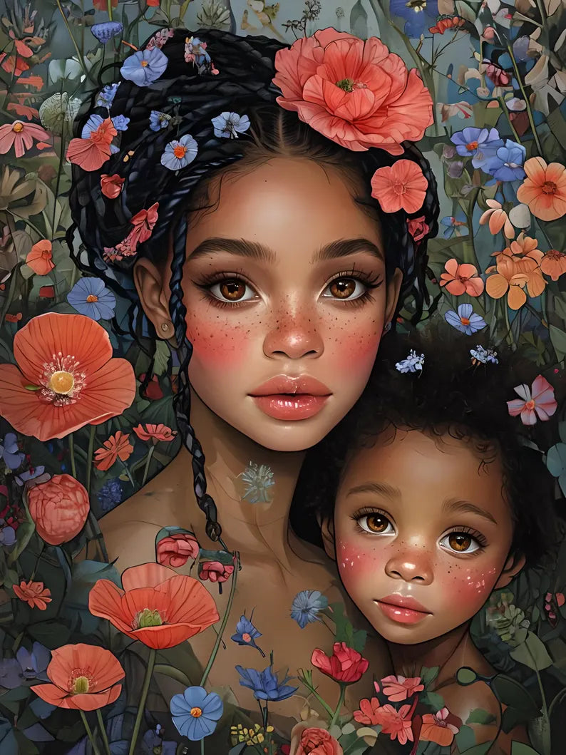Black Mother & Child in Bloom – Afrocentric Floral Wall Art | High-Resolution Digital JPGs | 3 Sizes Included | Printable Art Decor Digital File Style-Junction Custom Designs & Prints
