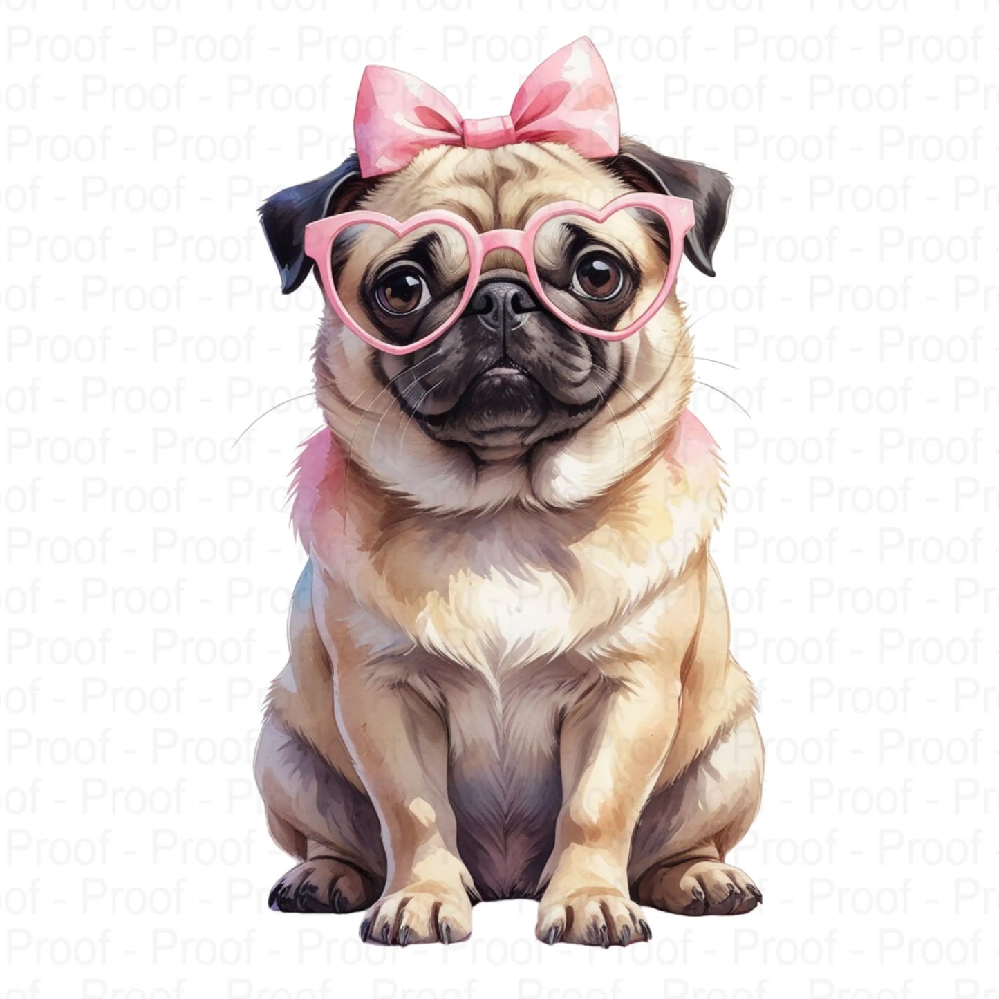 Adorable 4 Pug with Bow & Heart Glasses Watercolor PNG | Cute Full-Body Dog Clipart | Transparent Digital Download for Sublimation DIY Digital File Style-Junction Custom Designs & Prints