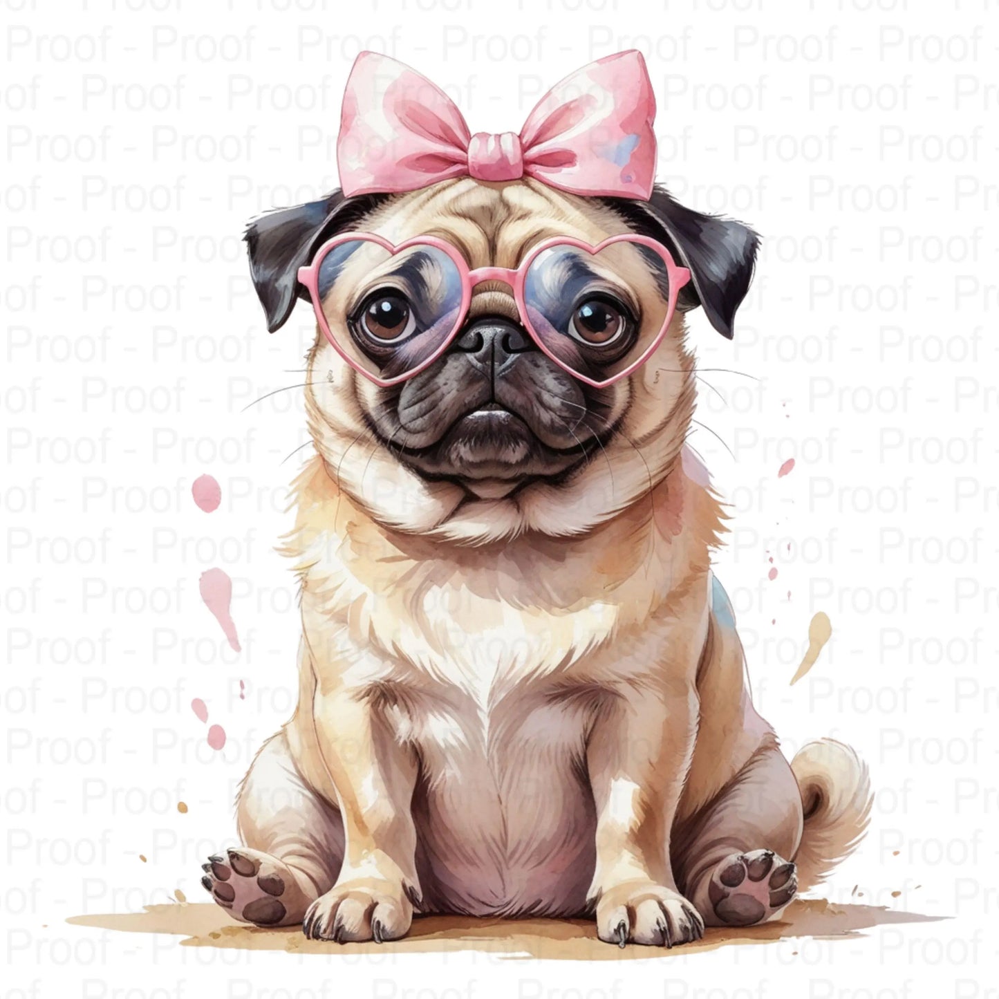 Adorable 4 Pug with Bow & Heart Glasses Watercolor PNG | Cute Full-Body Dog Clipart | Transparent Digital Download for Sublimation DIY Digital File Style-Junction Custom Designs & Prints