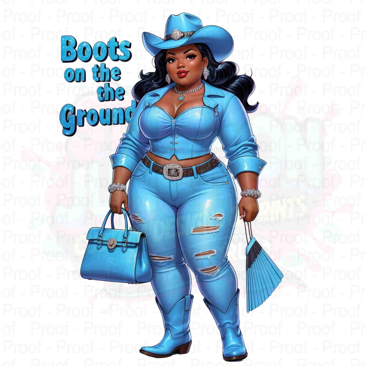 Thick Curvy Cowgirl Light Blue Digital 5 PNG File | Black Cowgirl "Boots on the Ground" Transparent 300 DPI Clipart for T-Shirts & More Digital File Style-Junction Custom Designs & Prints