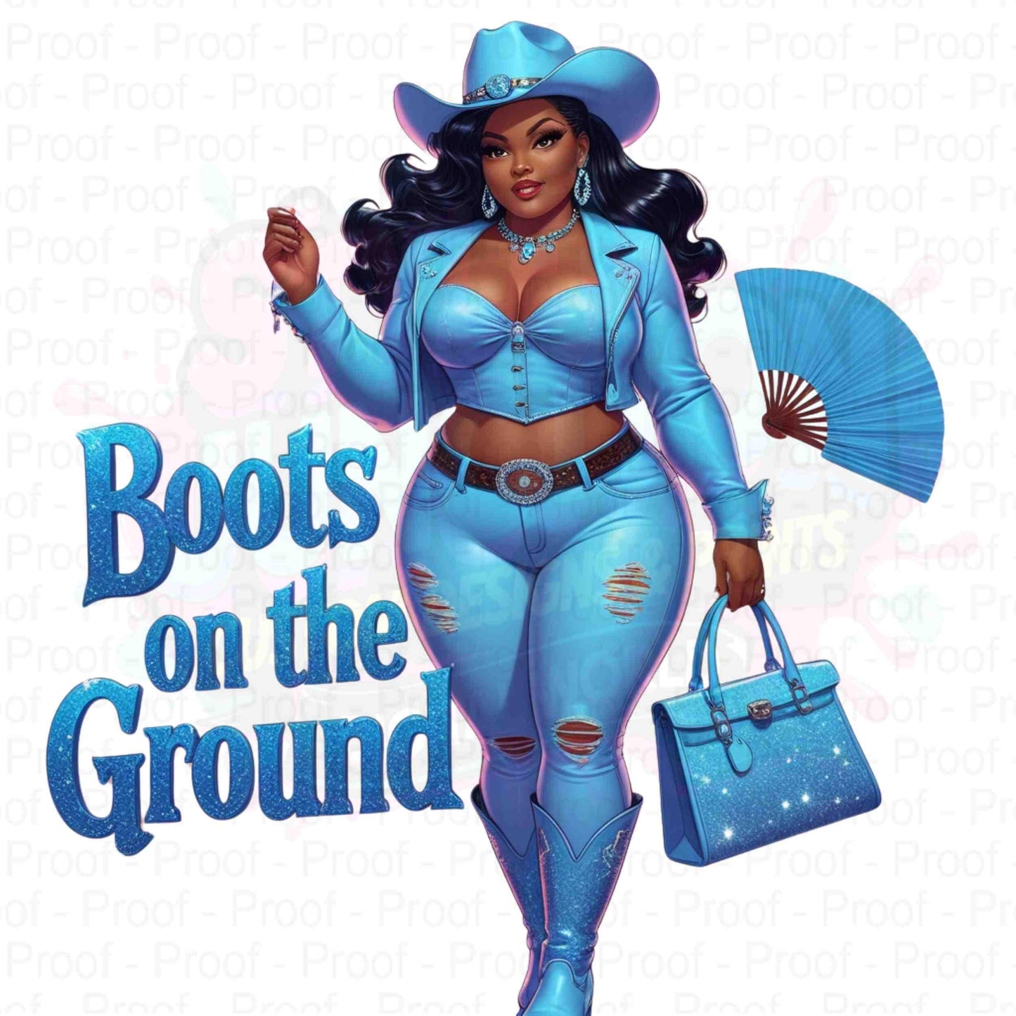 Thick Curvy Cowgirl Light Blue Digital 5 PNG File | Black Cowgirl "Boots on the Ground" Transparent 300 DPI Clipart for T-Shirts & More Digital File Style-Junction Custom Designs & Prints