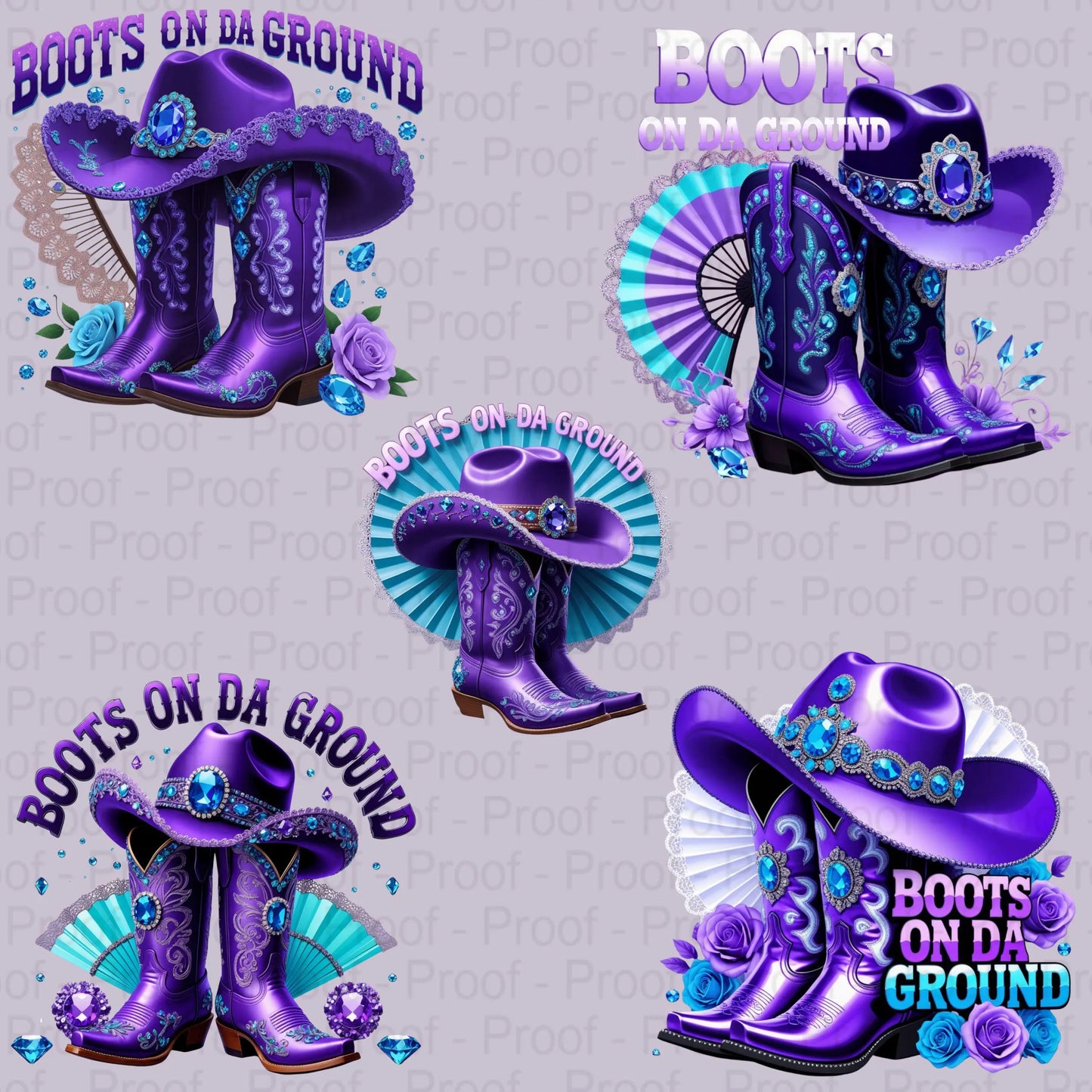 Purple Cowgirl Boots Hat Fan Floral "Boots On Da Ground" PNG Bundle – 5 Unique High-Res Transparent Files for Sublimation & Printables Digital File Style-Junction Custom Designs & Prints