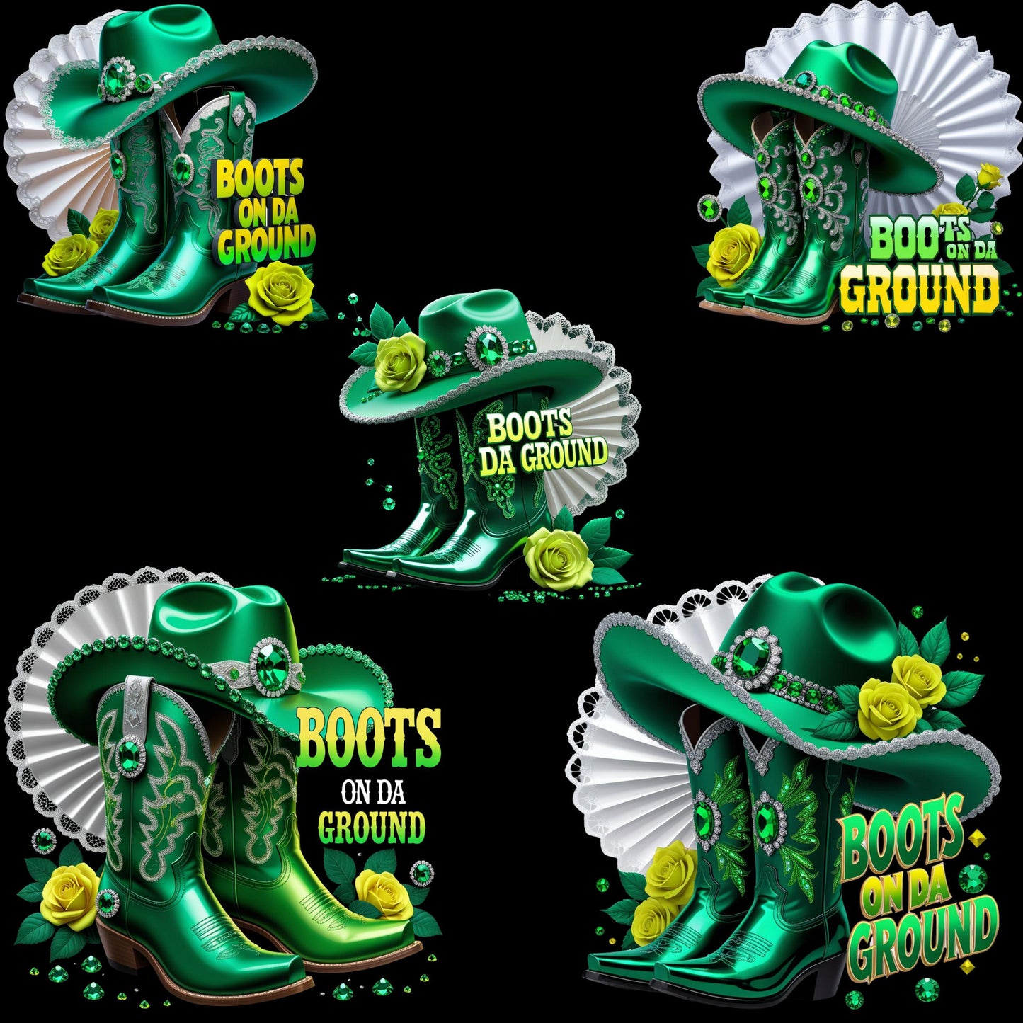 Boots On Da Ground Green PNG Bundle | 5 High-Res Transparent Cowgirl Clipart Files for Sublimation on T-Shirts, Mugs, Tote Bags & More Digital File Style-Junction Custom Designs & Prints