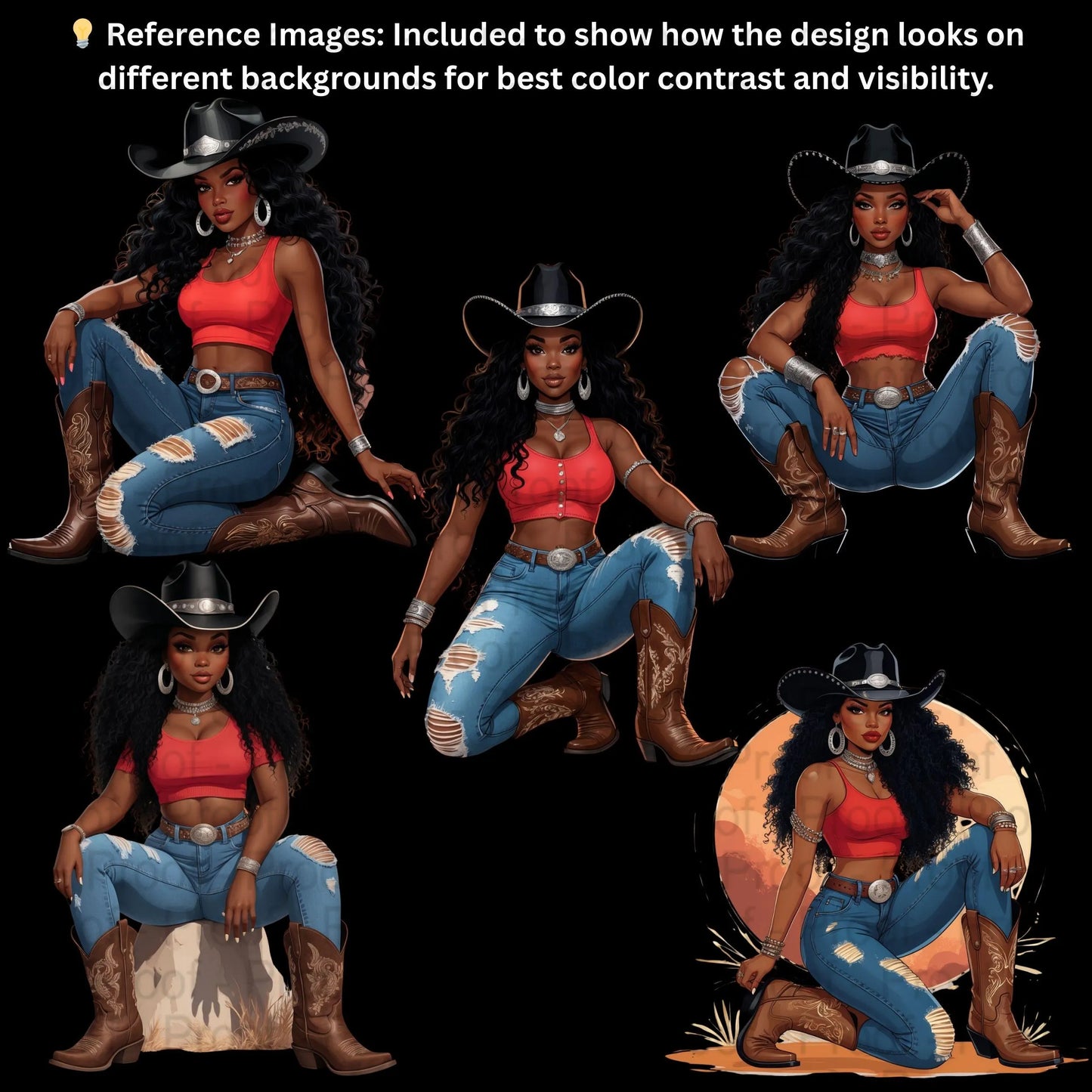 Desert Sunset Sistas Cowgirl PNG Bundle | 5 Black Cowgirl Clipart Illustrations | Transparent PNGs for Sublimation T-Shirts, Mugs. Digital File Style-Junction Custom Designs & Prints