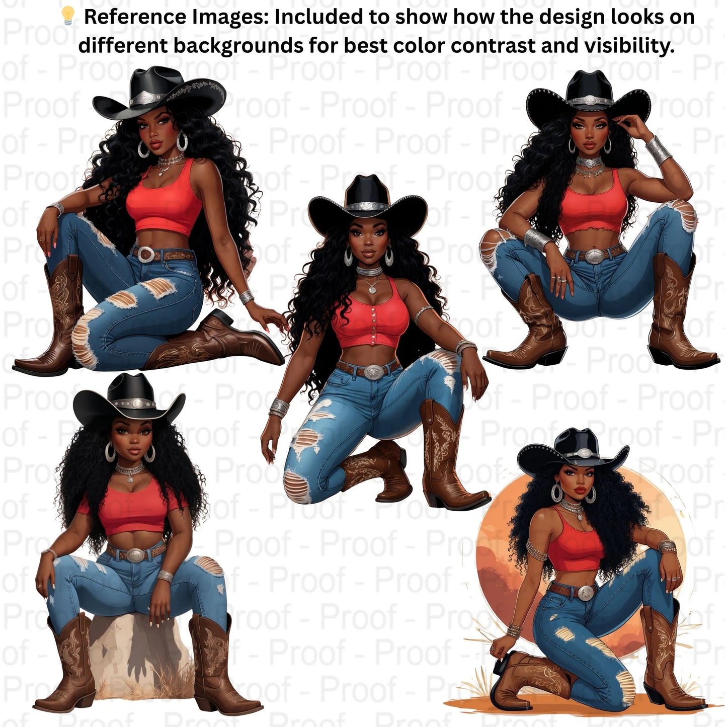 Desert Sunset Sistas Cowgirl PNG Bundle | 5 Black Cowgirl Clipart Illustrations | Transparent PNGs for Sublimation T-Shirts, Mugs. Digital File Style-Junction Custom Designs & Prints