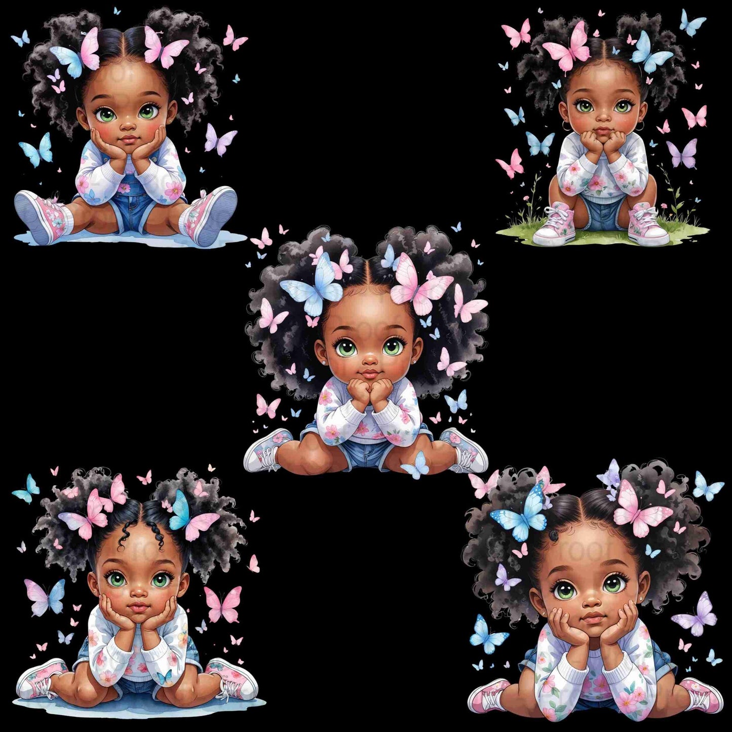 5 Black Toddler Girl Butterfly Clipart PNGs | High-Res Sublimation Digital Files for Shirts, Mugs, Tote Bags, DTF, Transparent Bundle Digital File Style-Junction Custom Designs & Prints
