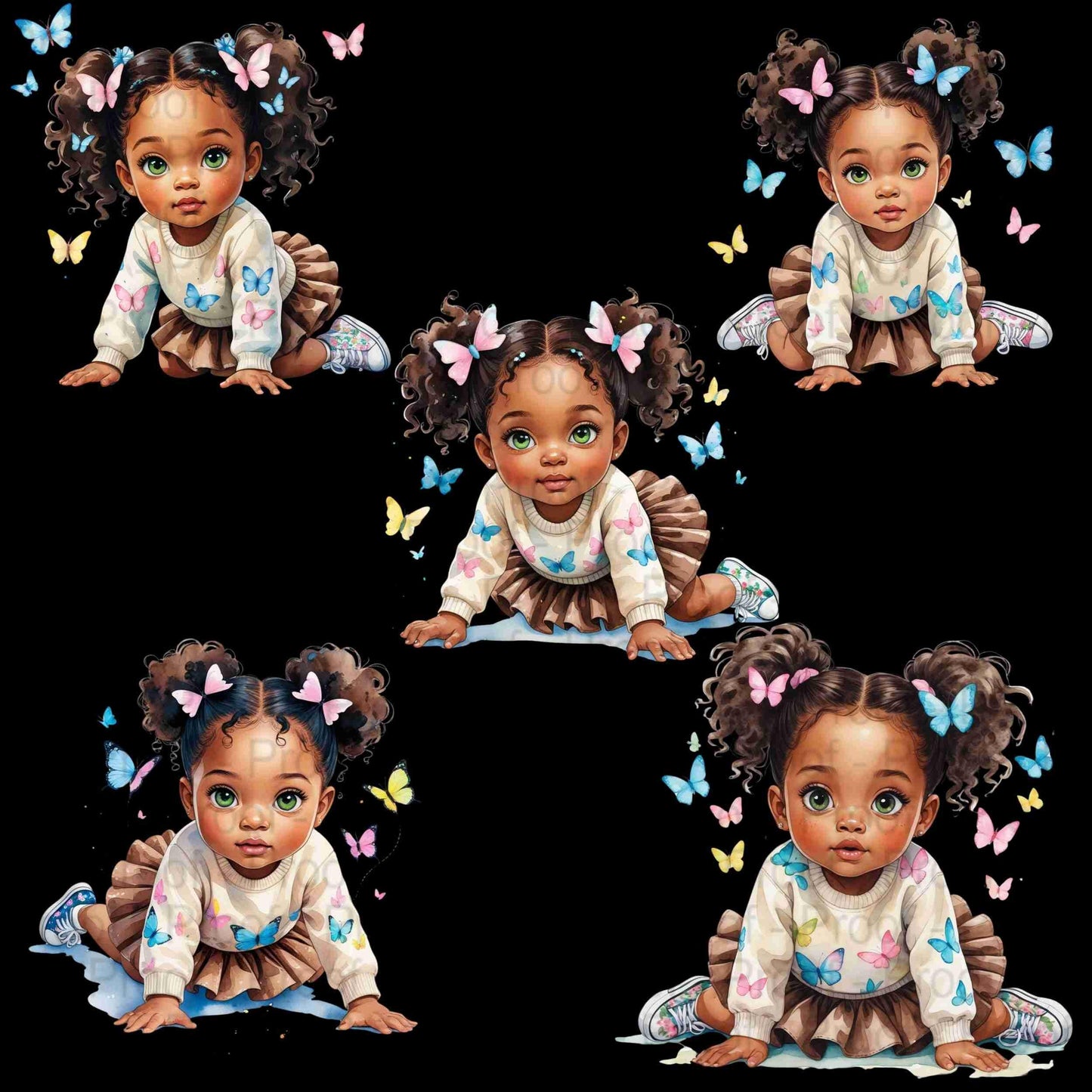 Whimsical Black Girl Butterfly Clipart Bundle | 5 PNGs | Watercolor Toddler Art for Sublimation, T-Shirts, Mugs, Tote Bags | 300 DPI Digital File Style-Junction Custom Designs & Prints