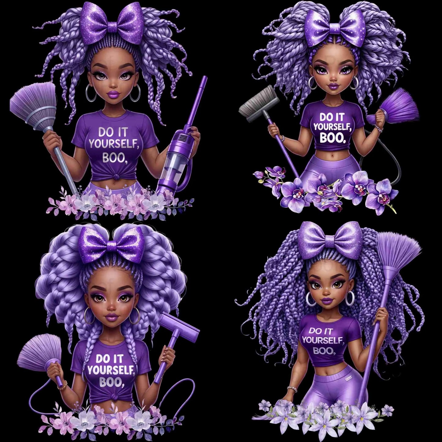 Black Girl Lavender Clipart Bundle “Do It Yourself Boo” | 4 High-Res Sublimation PNGs | Transparent, 300 DPI for Shirts, Mugs, Totes & More Digital File Style-Junction Custom Designs & Prints