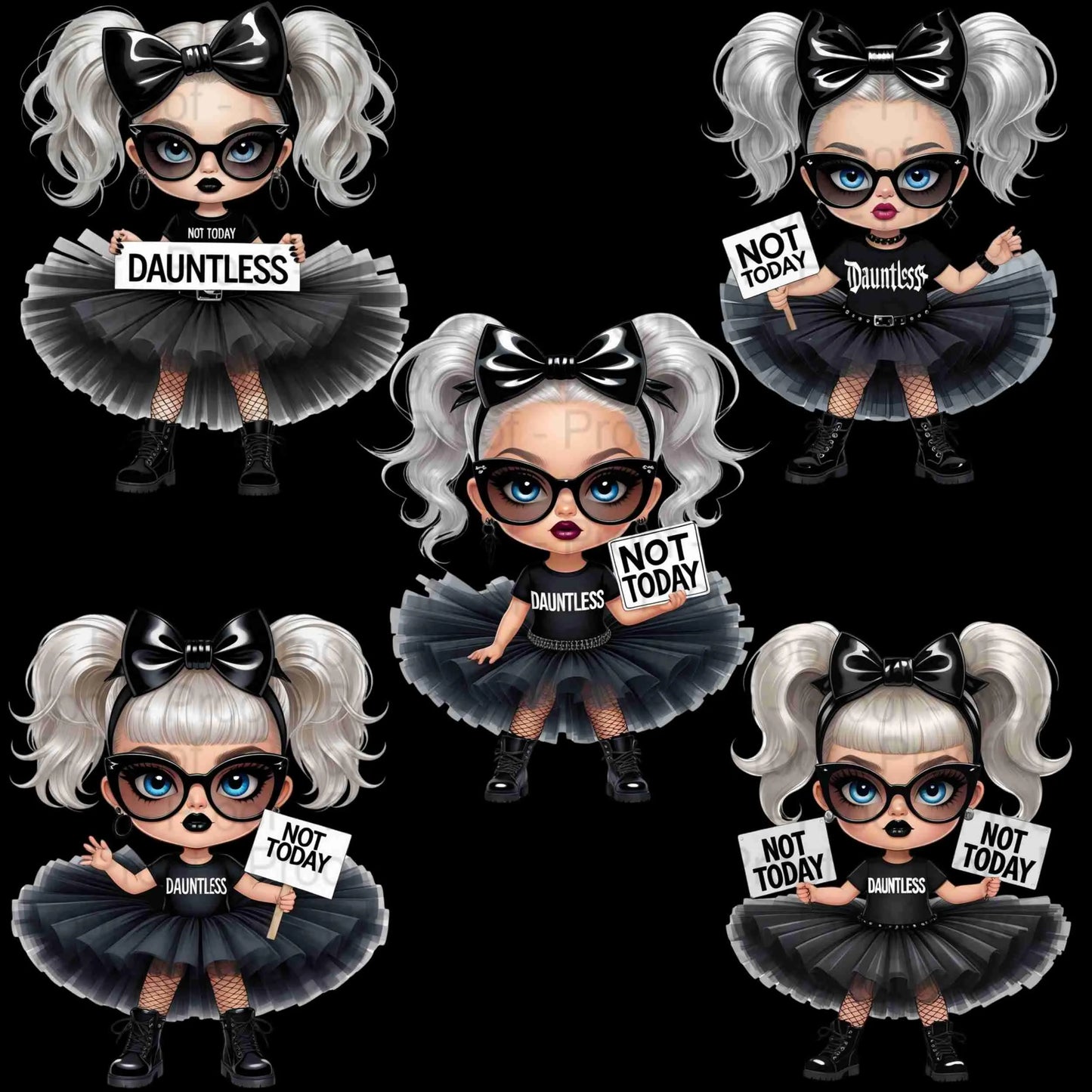 Goth Girl Clipart PNG Bundle | “Not Today" "Dauntless” | 5 Transparent High-Res PNGs for Sublimation, T-Shirts, Mugs, Wall Art & More Digital File Style-Junction Custom Designs & Prints