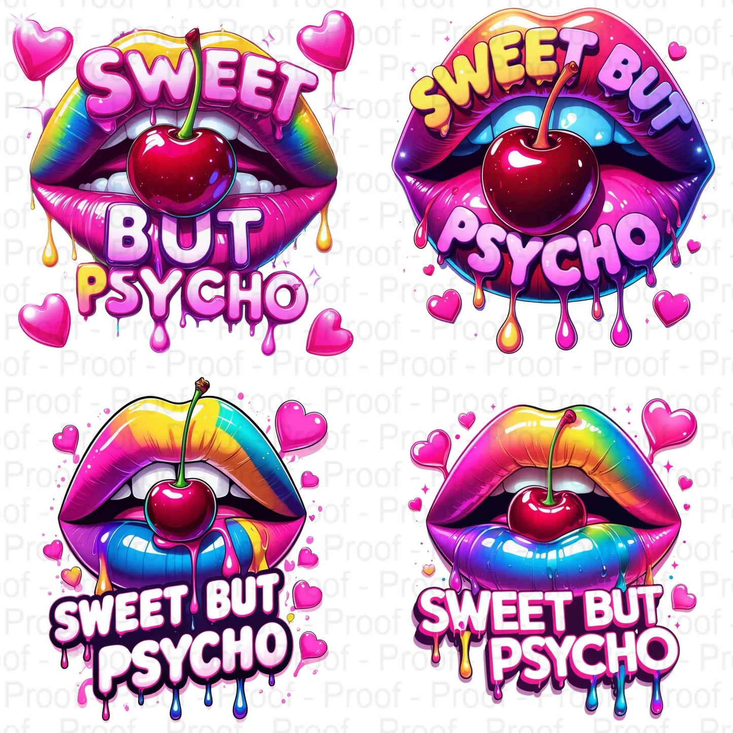 Sweet But Psycho Lips PNG Bundle | 4 Neon Rainbow Drip Cherry Mouth Sublimation Transparent Files for T-Shirts, Mugs, Stickers & More Digital File Style-Junction Custom Designs & Prints