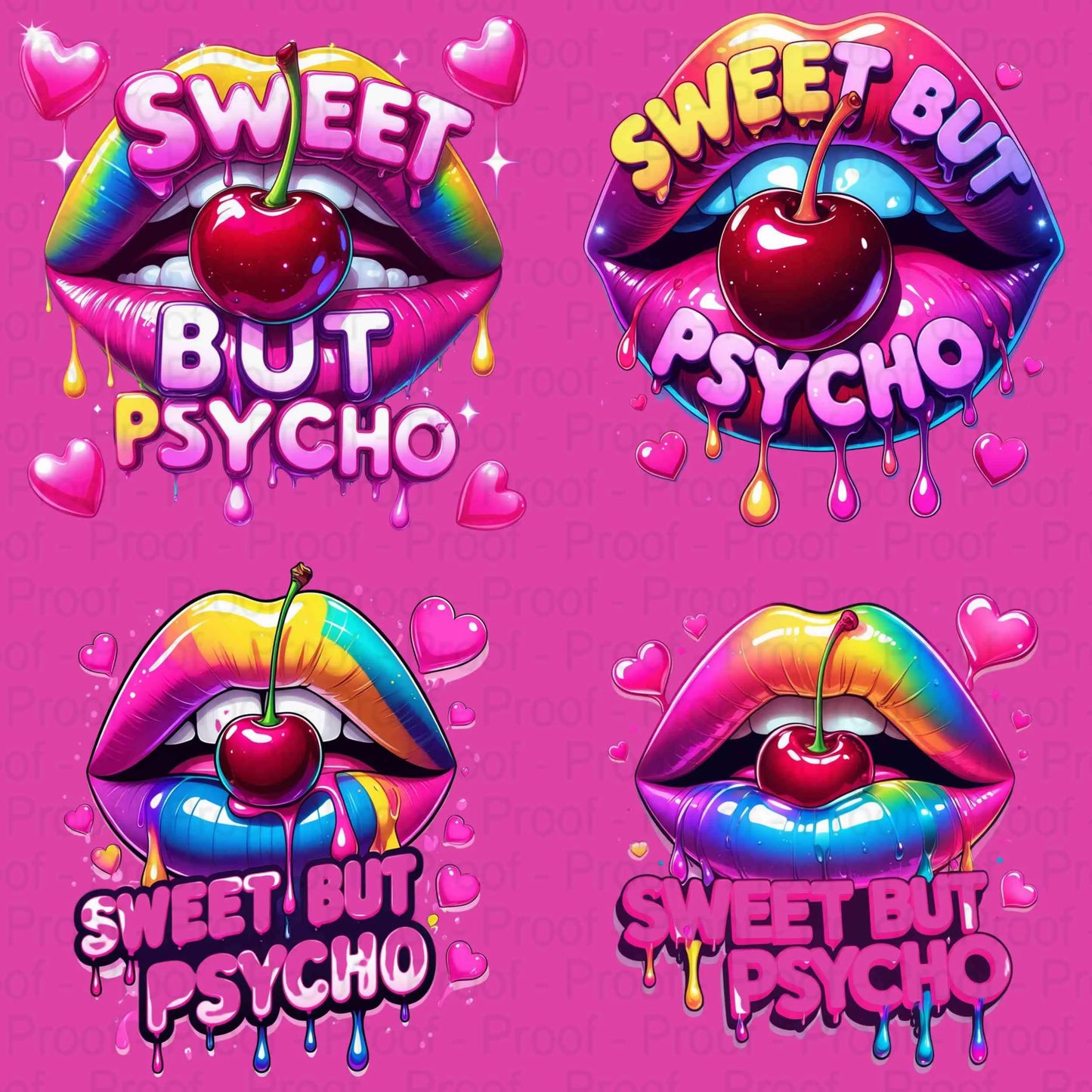 Sweet But Psycho Lips PNG Bundle | 4 Neon Rainbow Drip Cherry Mouth Sublimation Transparent Files for T-Shirts, Mugs, Stickers & More Digital File Style-Junction Custom Designs & Prints