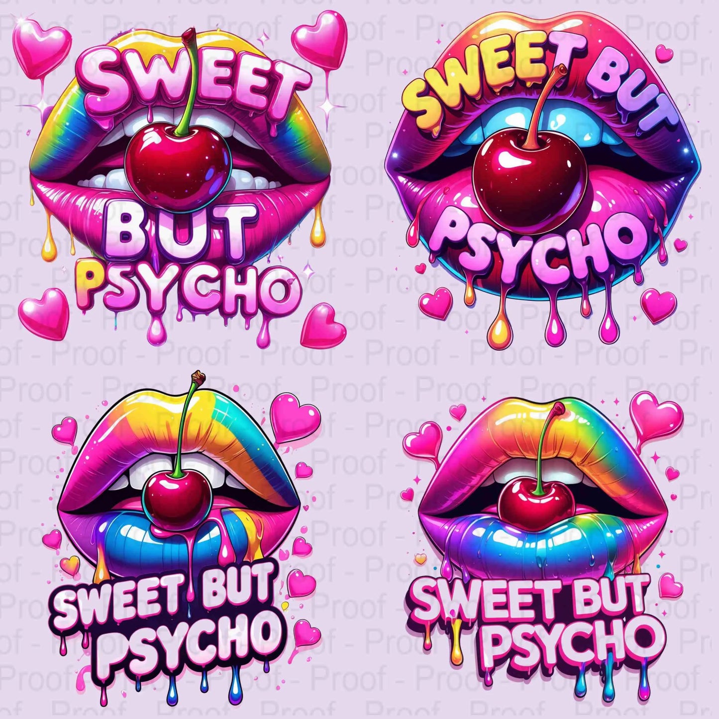 Sweet But Psycho Lips PNG Bundle | 4 Neon Rainbow Drip Cherry Mouth Sublimation Transparent Files for T-Shirts, Mugs, Stickers & More Digital File Style-Junction Custom Designs & Prints
