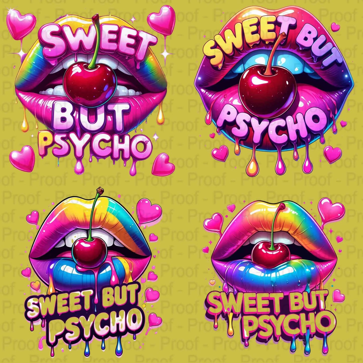 Sweet But Psycho Lips PNG Bundle | 4 Neon Rainbow Drip Cherry Mouth Sublimation Transparent Files for T-Shirts, Mugs, Stickers & More Digital File Style-Junction Custom Designs & Prints