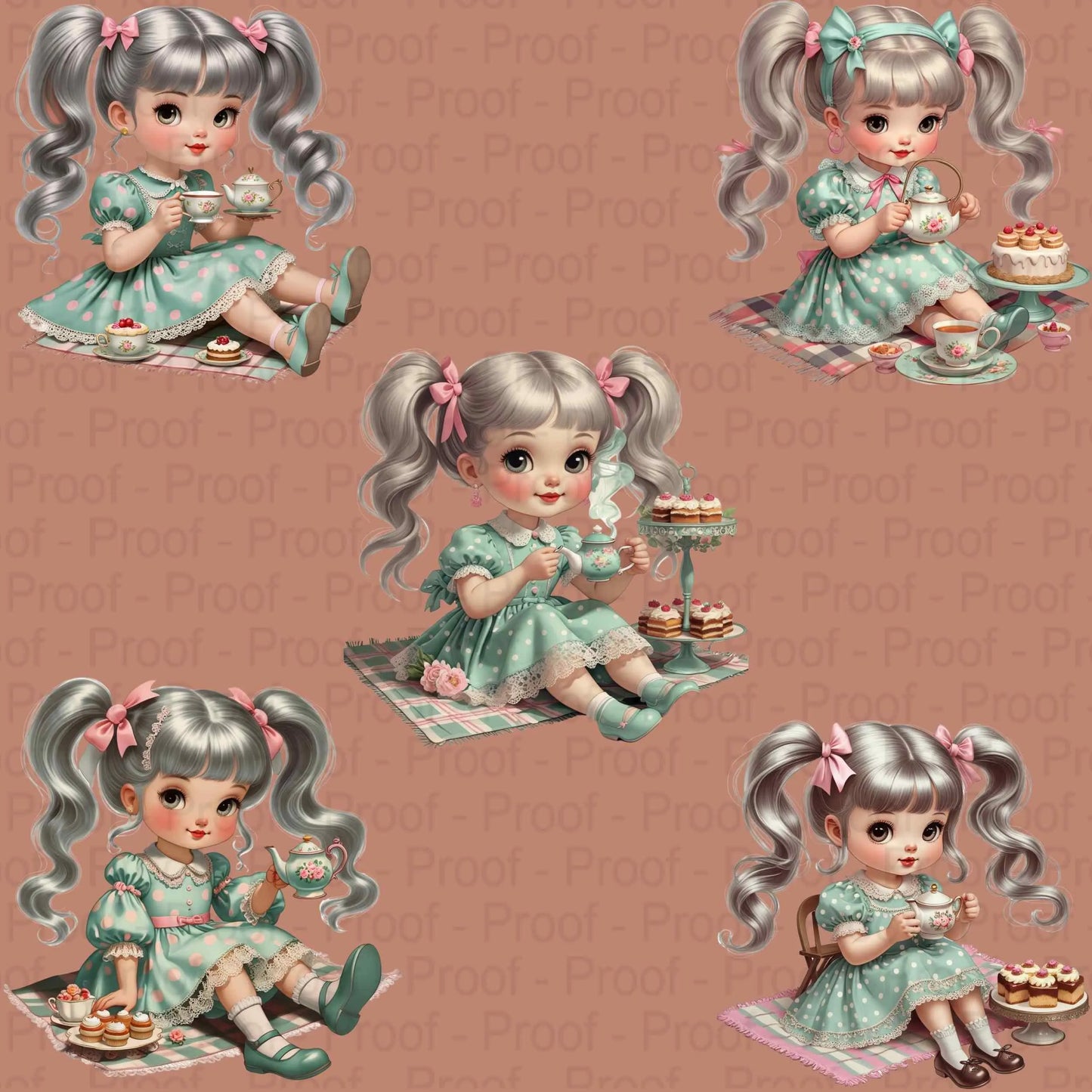 Tea Party Girl Clipart PNG Bundle – Vintage Pastel Dolls with Teacups & Cakes for Sublimation, T-Shirts, Tote Bags, High-Res PNG Digital File Style-Junction Custom Designs & Prints