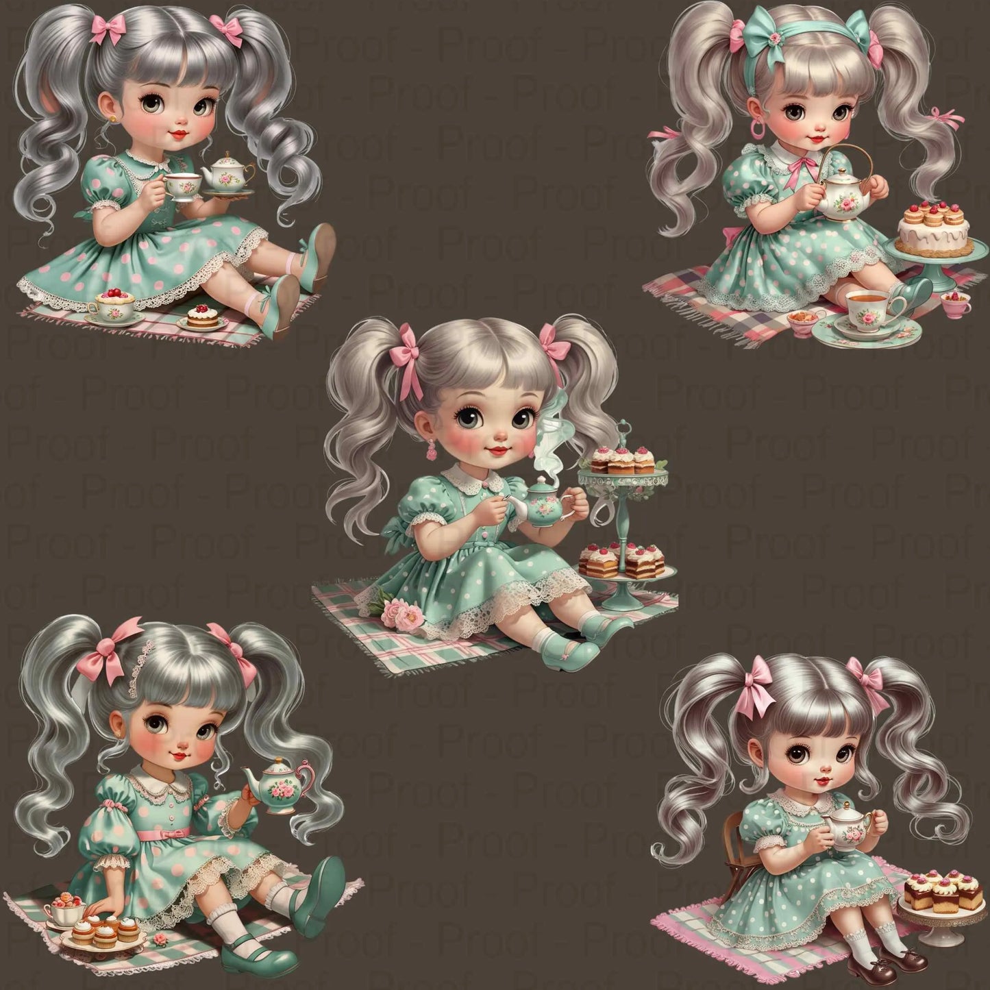 Tea Party Girl Clipart PNG Bundle – Vintage Pastel Dolls with Teacups & Cakes for Sublimation, T-Shirts, Tote Bags, High-Res PNG Digital File Style-Junction Custom Designs & Prints