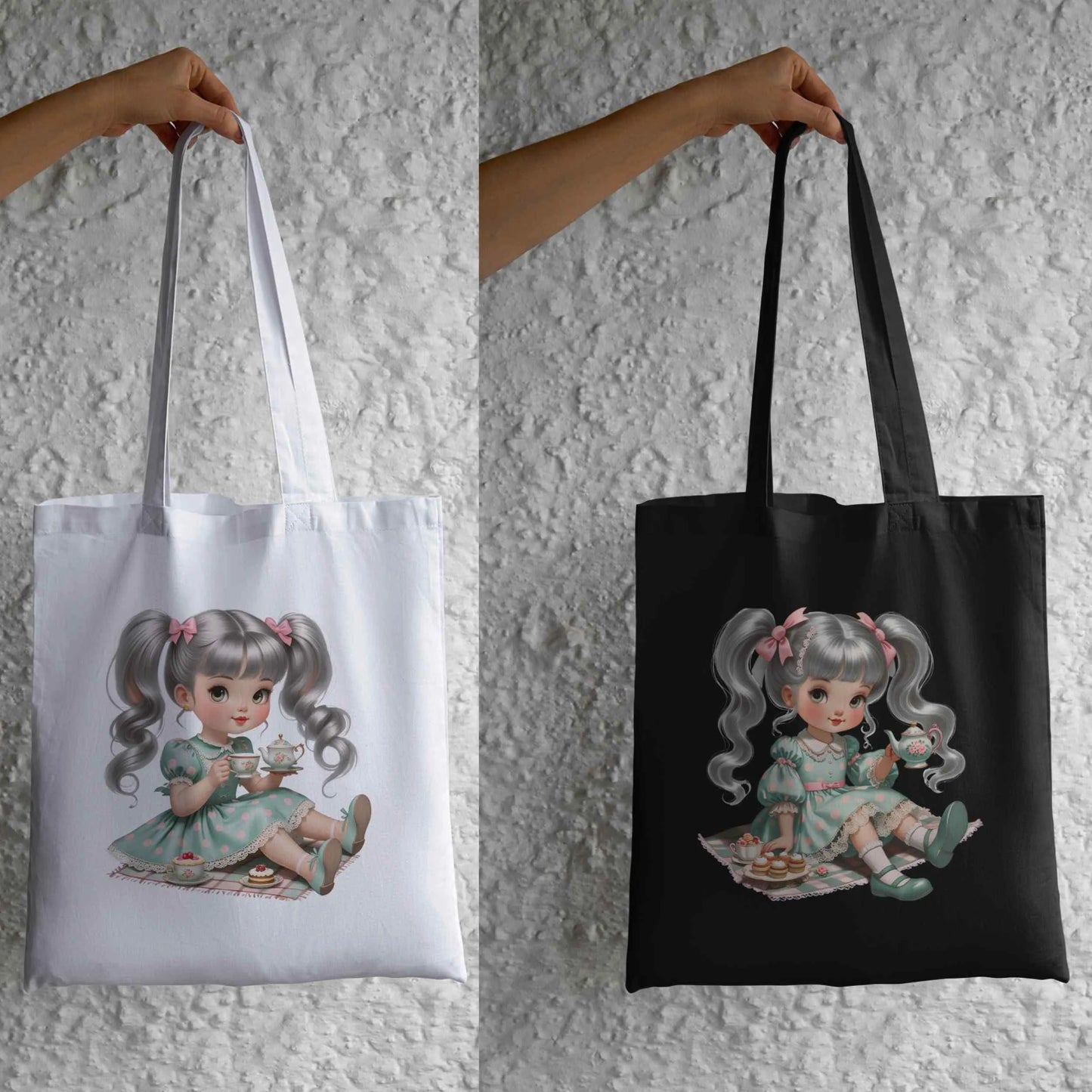 Tea Party Girl Clipart PNG Bundle – Vintage Pastel Dolls with Teacups & Cakes for Sublimation, T-Shirts, Tote Bags, High-Res PNG Digital File Style-Junction Custom Designs & Prints