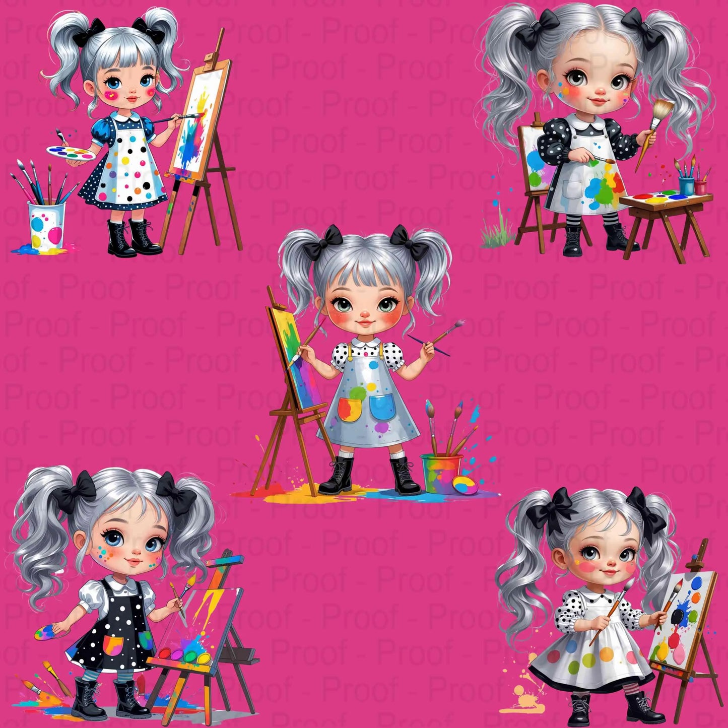 Mini Artist Girl PNG Bundle – 5 Whimsical Clipart Illustrations for Sublimation, Transparent High-Res PNGs for T-Shirts & Crafts Digital File Style-Junction Custom Designs & Prints