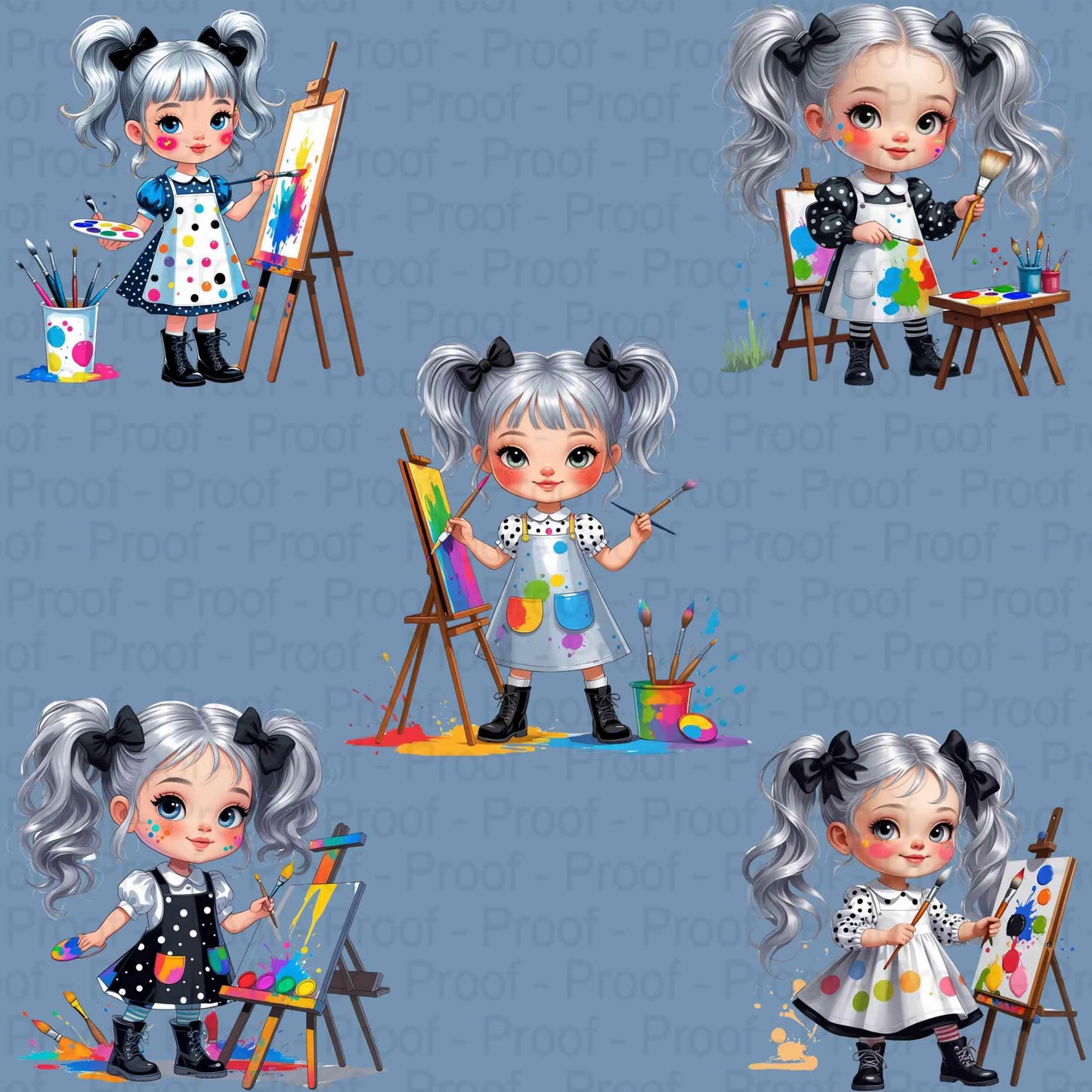 Mini Artist Girl PNG Bundle – 5 Whimsical Clipart Illustrations for Sublimation, Transparent High-Res PNGs for T-Shirts & Crafts Digital File Style-Junction Custom Designs & Prints