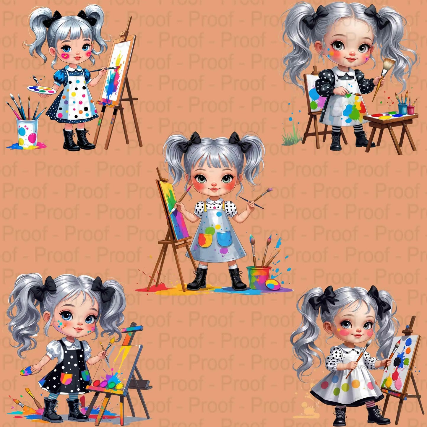 Mini Artist Girl PNG Bundle – 5 Whimsical Clipart Illustrations for Sublimation, Transparent High-Res PNGs for T-Shirts & Crafts Digital File Style-Junction Custom Designs & Prints