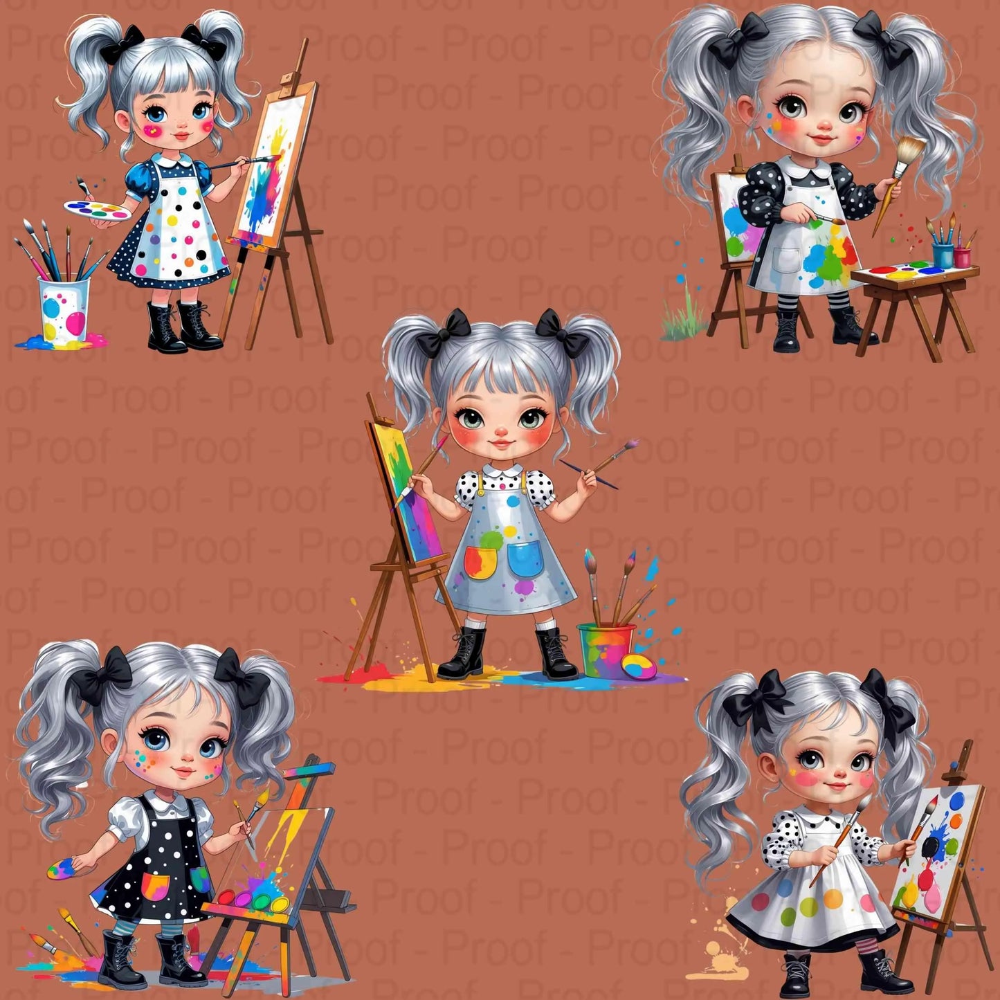 Mini Artist Girl PNG Bundle – 5 Whimsical Clipart Illustrations for Sublimation, Transparent High-Res PNGs for T-Shirts & Crafts Digital File Style-Junction Custom Designs & Prints