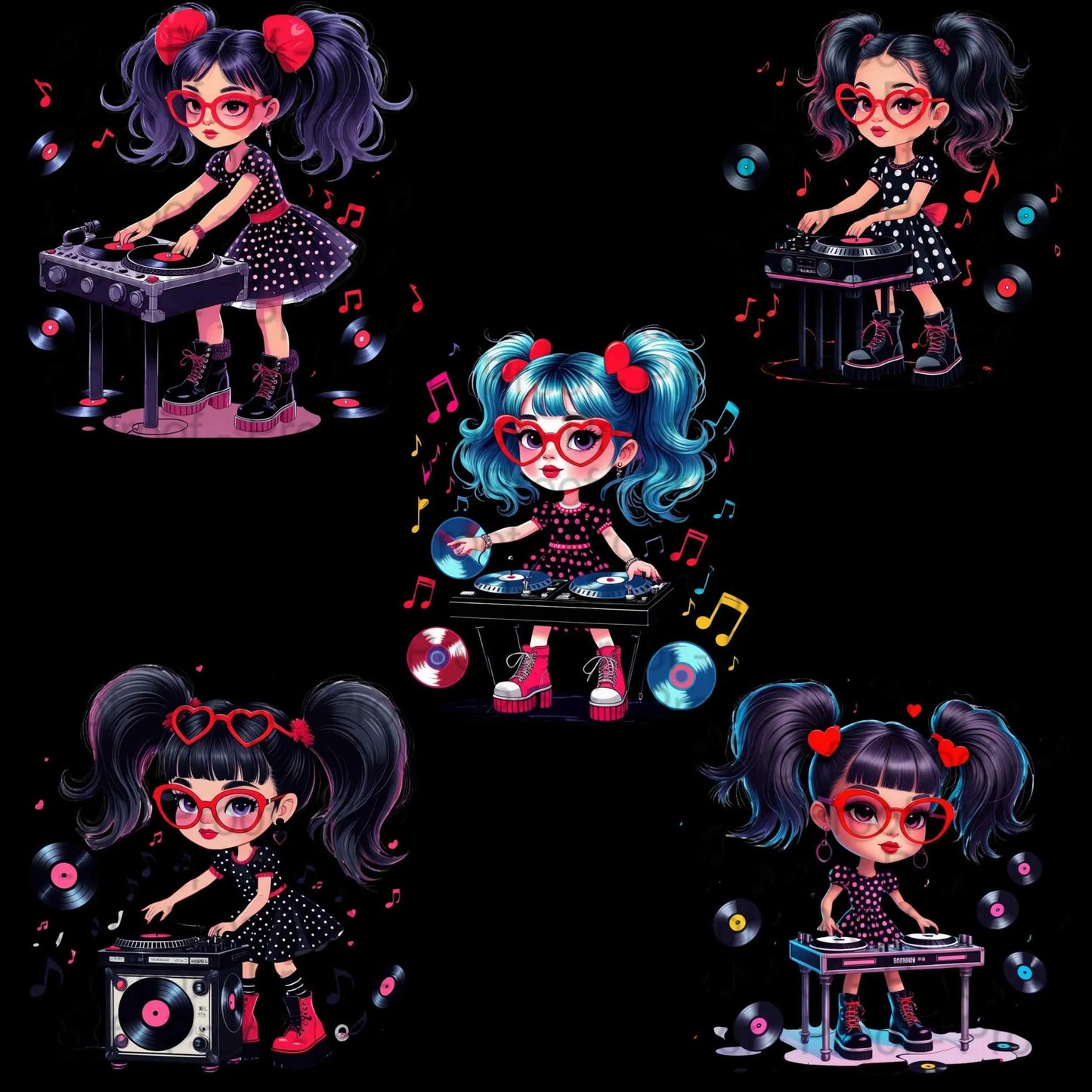 Retro DJ Girl PNG Bundle – 5 High-Res Transparent Clipart Files for Sublimation on Shirts, Mugs, Stickers, Tote Bags & Crafts Digital File Style-Junction Custom Designs & Prints