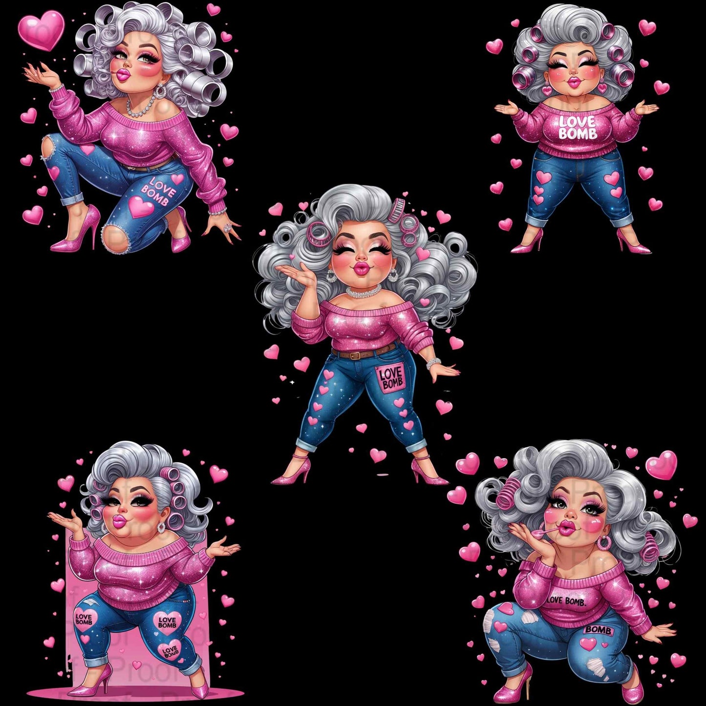 Sassy Glam Grandma PNG Bundle for Sublimation | 5 Transparent High-Res Clipart Files | Love Bomb Lips, Hearts, Glitter Jeans, T-Shirts Digital File Style-Junction Custom Designs & Prints
