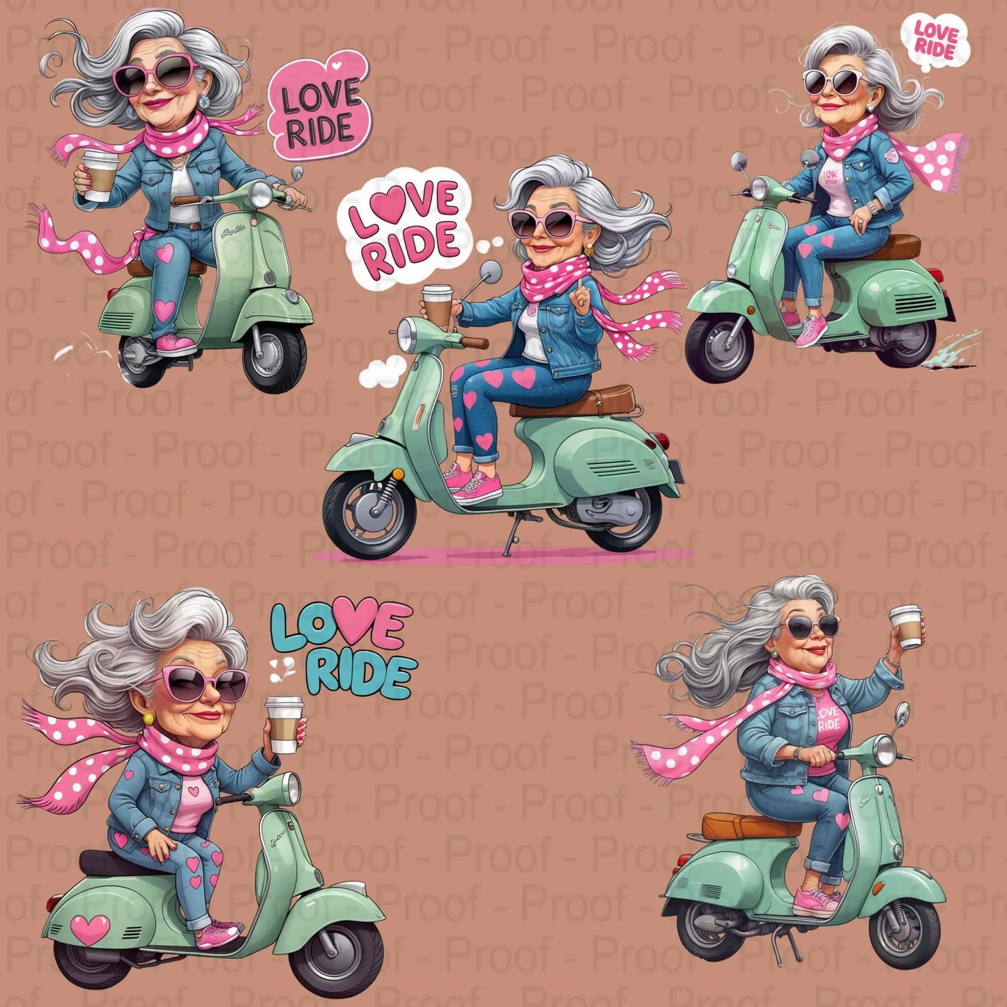 Cool Grandma on Scooter PNG Bundle | 5 Retro Coffee-Riding Nana Clipart Files | High-Res Transparent PNG for Sublimation & Apparel Digital File Style-Junction Custom Designs & Prints