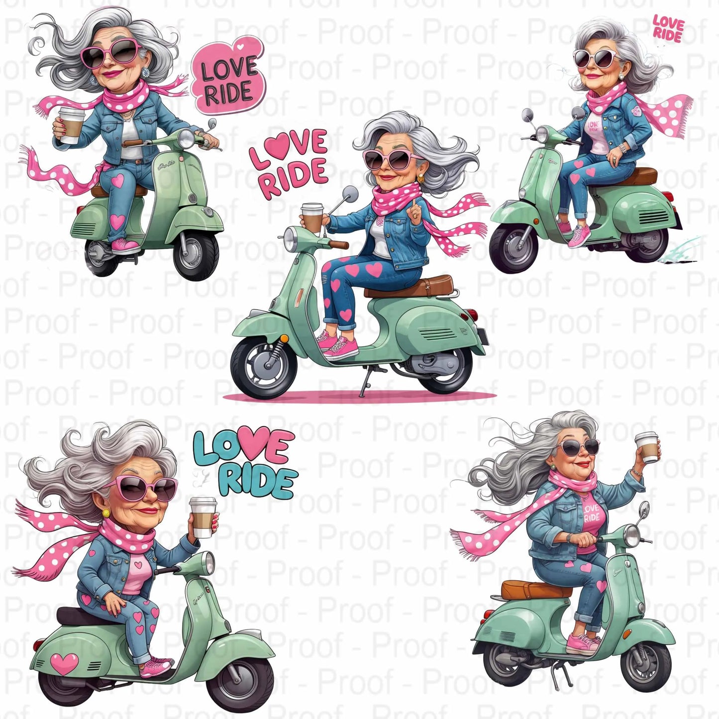 Cool Grandma on Scooter PNG Bundle | 5 Retro Coffee-Riding Nana Clipart Files | High-Res Transparent PNG for Sublimation & Apparel Digital File Style-Junction Custom Designs & Prints