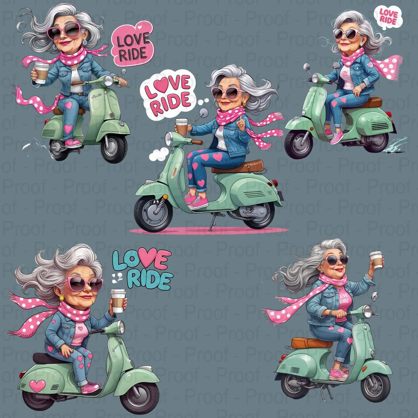 Cool Grandma on Scooter PNG Bundle | 5 Retro Coffee-Riding Nana Clipart Files | High-Res Transparent PNG for Sublimation & Apparel Digital File Style-Junction Custom Designs & Prints