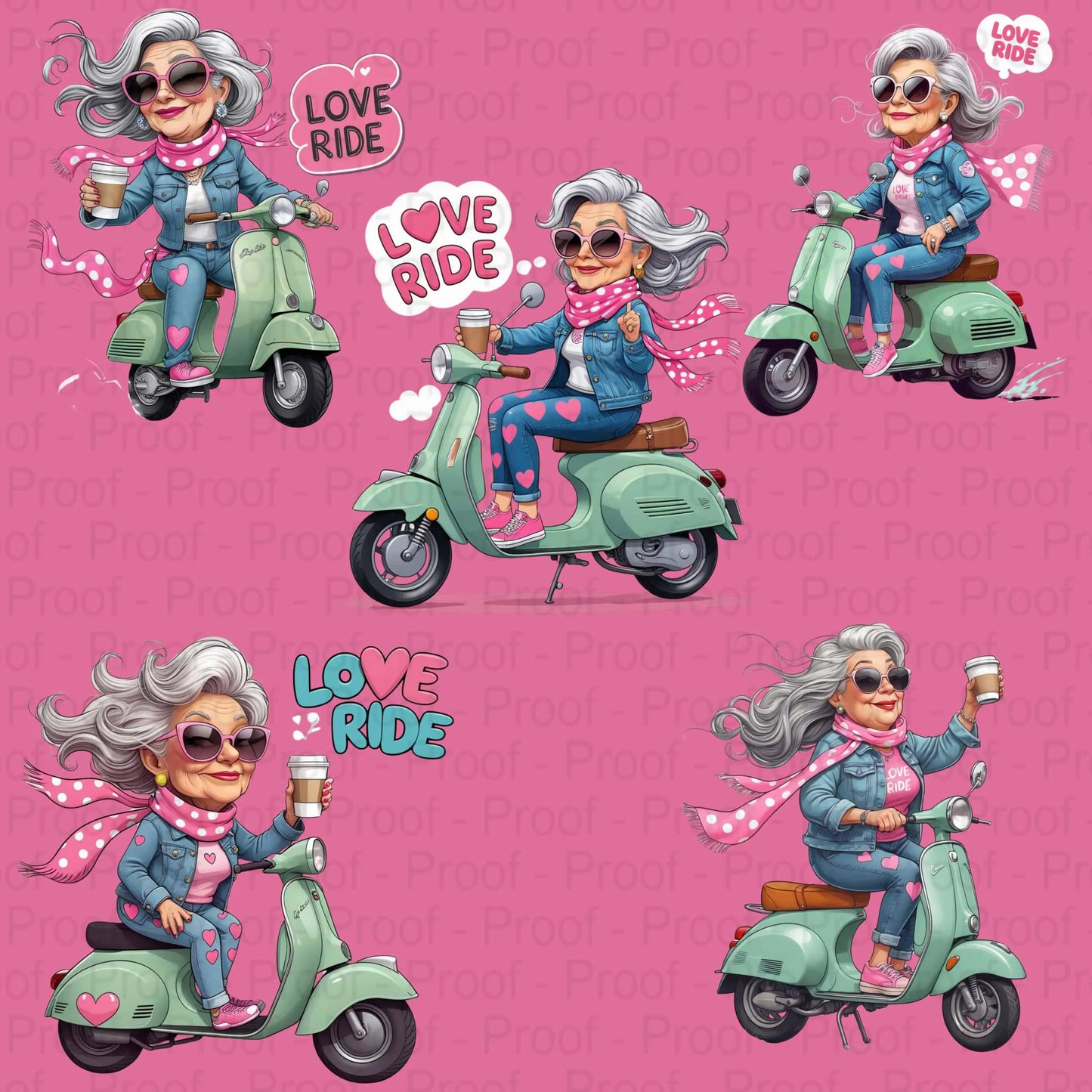 Cool Grandma on Scooter PNG Bundle | 5 Retro Coffee-Riding Nana Clipart Files | High-Res Transparent PNG for Sublimation & Apparel Digital File Style-Junction Custom Designs & Prints