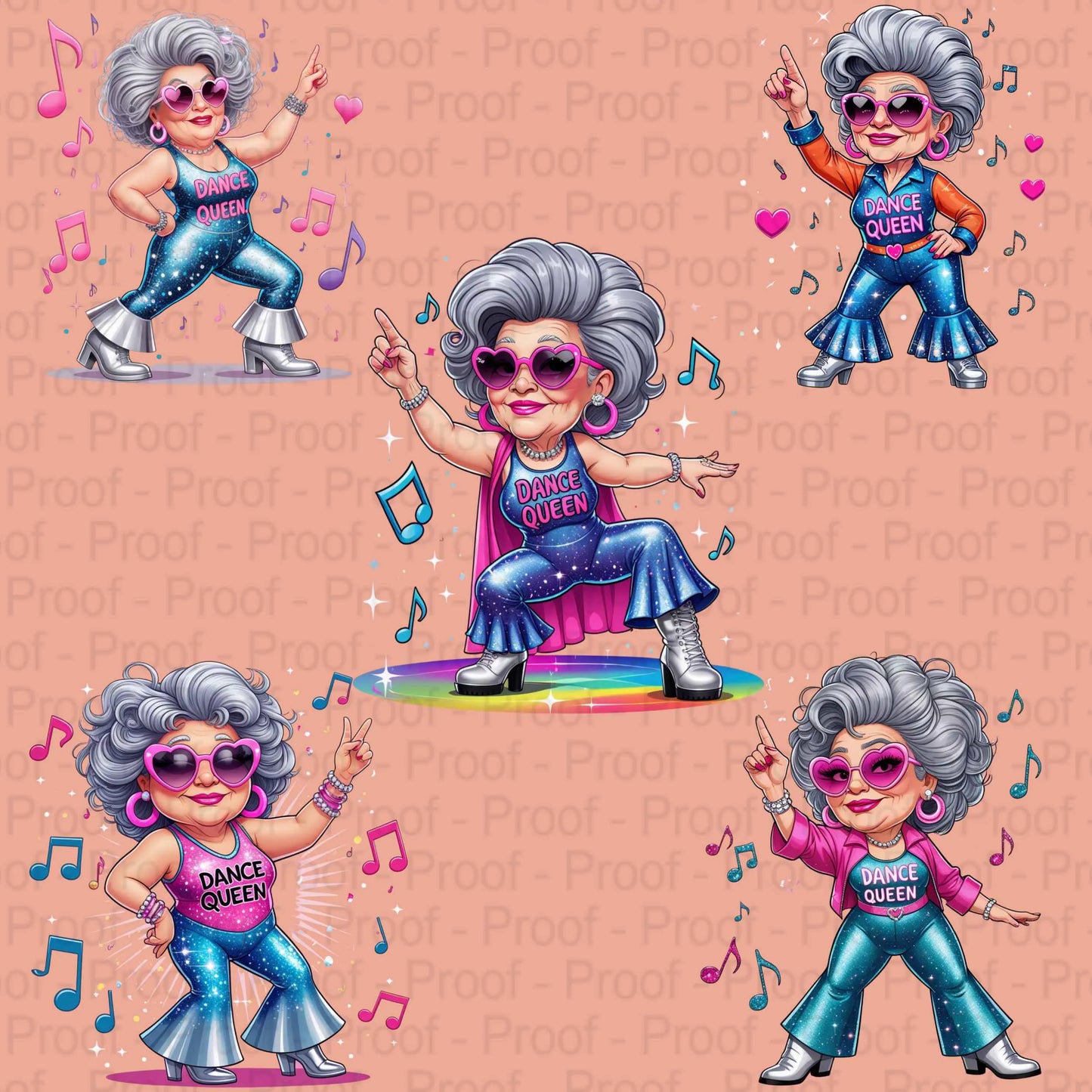 Disco Dancing Grandma PNG Bundle | 5 Sparkly Dance Queen Clipart Files | High-Res Transparent PNG for Sublimation T-Shirts & Mugs Digital File Style-Junction Custom Designs & Prints