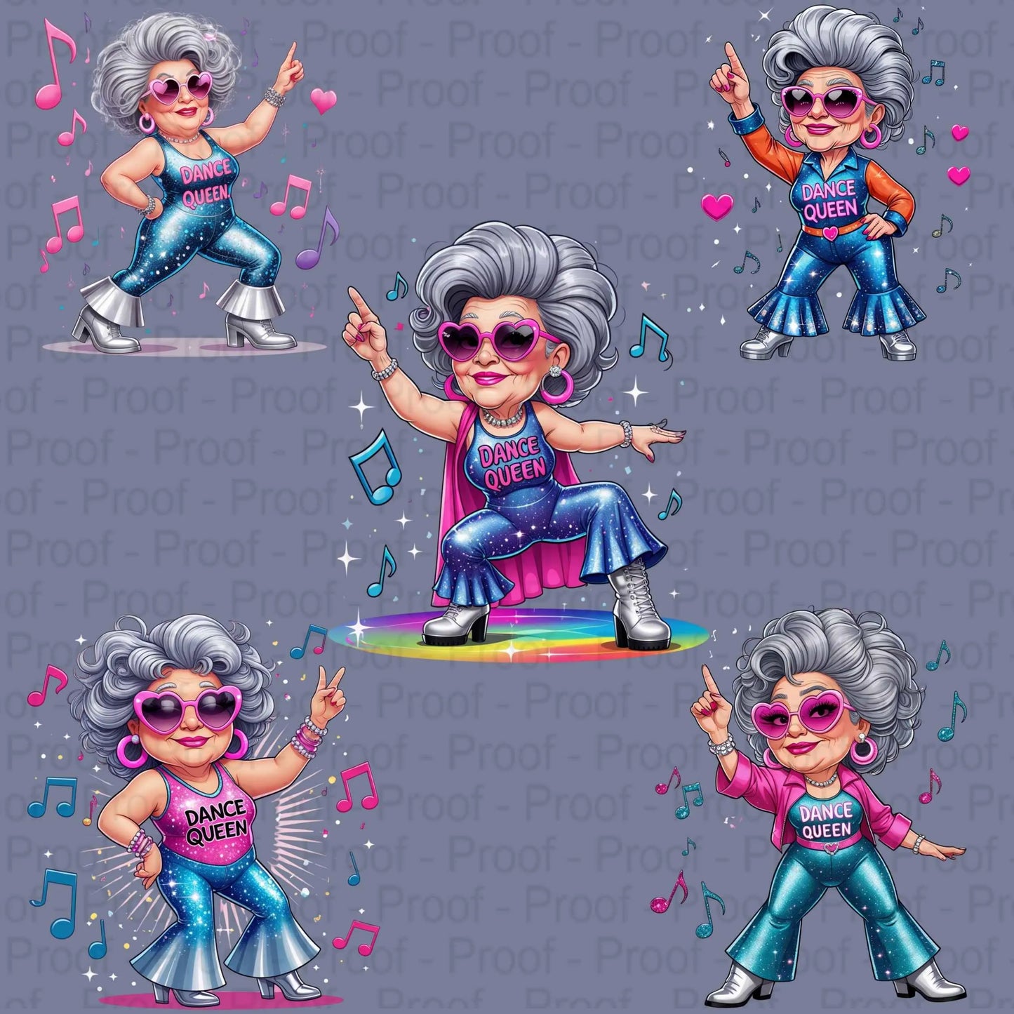 Disco Dancing Grandma PNG Bundle | 5 Sparkly Dance Queen Clipart Files | High-Res Transparent PNG for Sublimation T-Shirts & Mugs Digital File Style-Junction Custom Designs & Prints