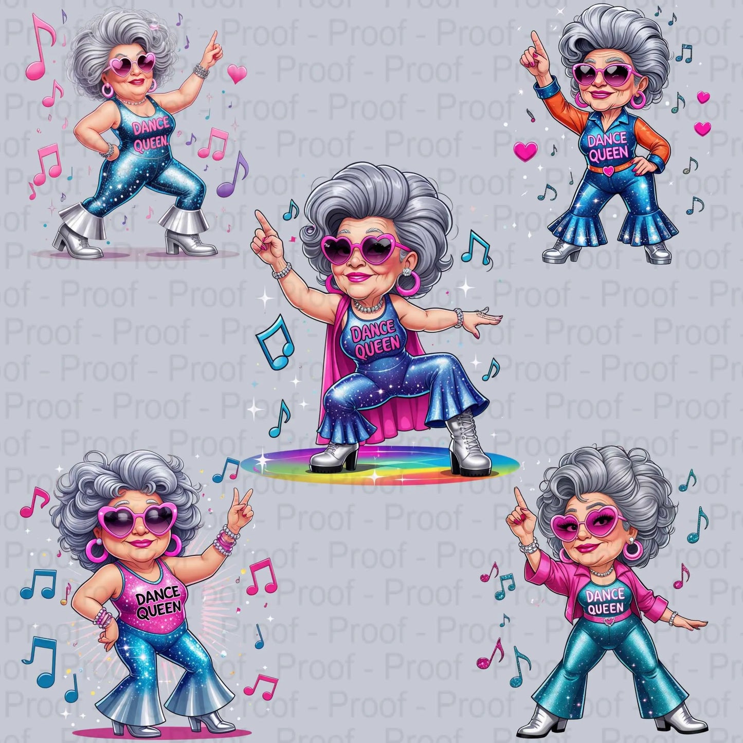 Disco Dancing Grandma PNG Bundle | 5 Sparkly Dance Queen Clipart Files | High-Res Transparent PNG for Sublimation T-Shirts & Mugs Digital File Style-Junction Custom Designs & Prints