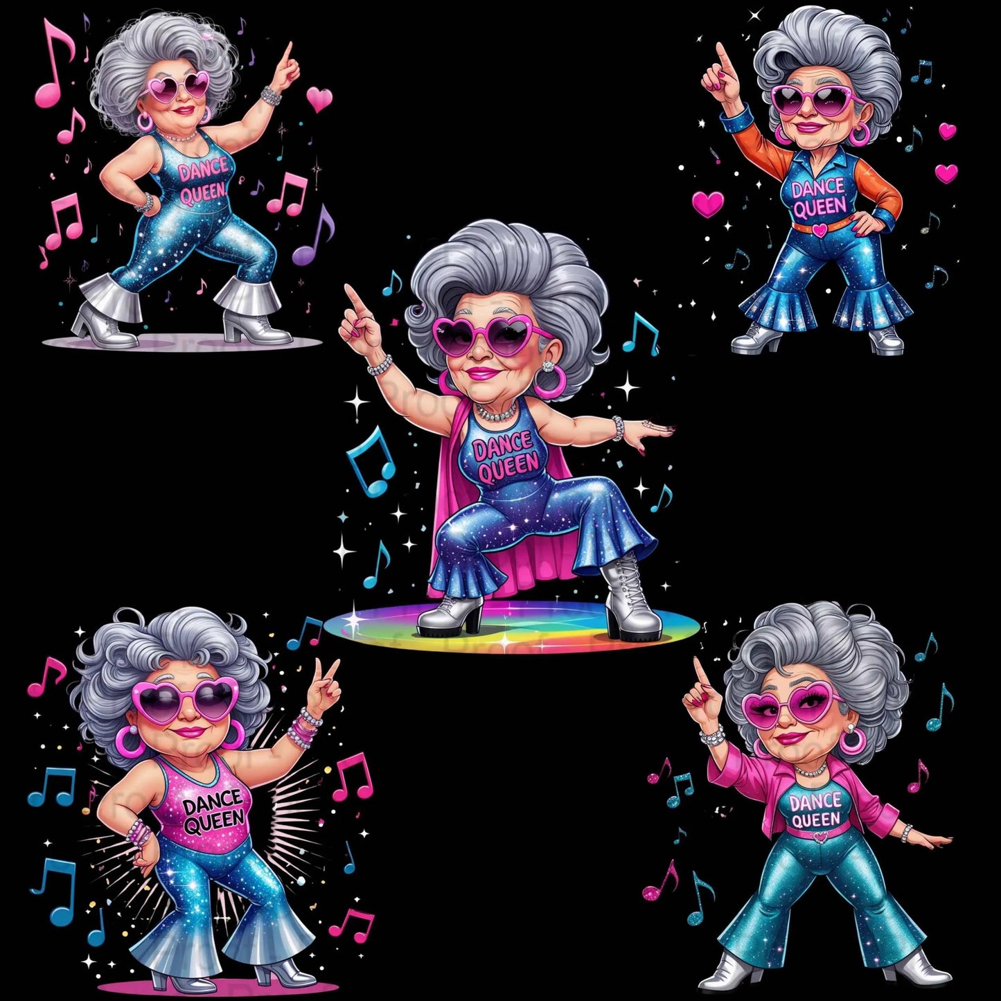 Disco Dancing Grandma PNG Bundle | 5 Sparkly Dance Queen Clipart Files | High-Res Transparent PNG for Sublimation T-Shirts & Mugs Digital File Style-Junction Custom Designs & Prints