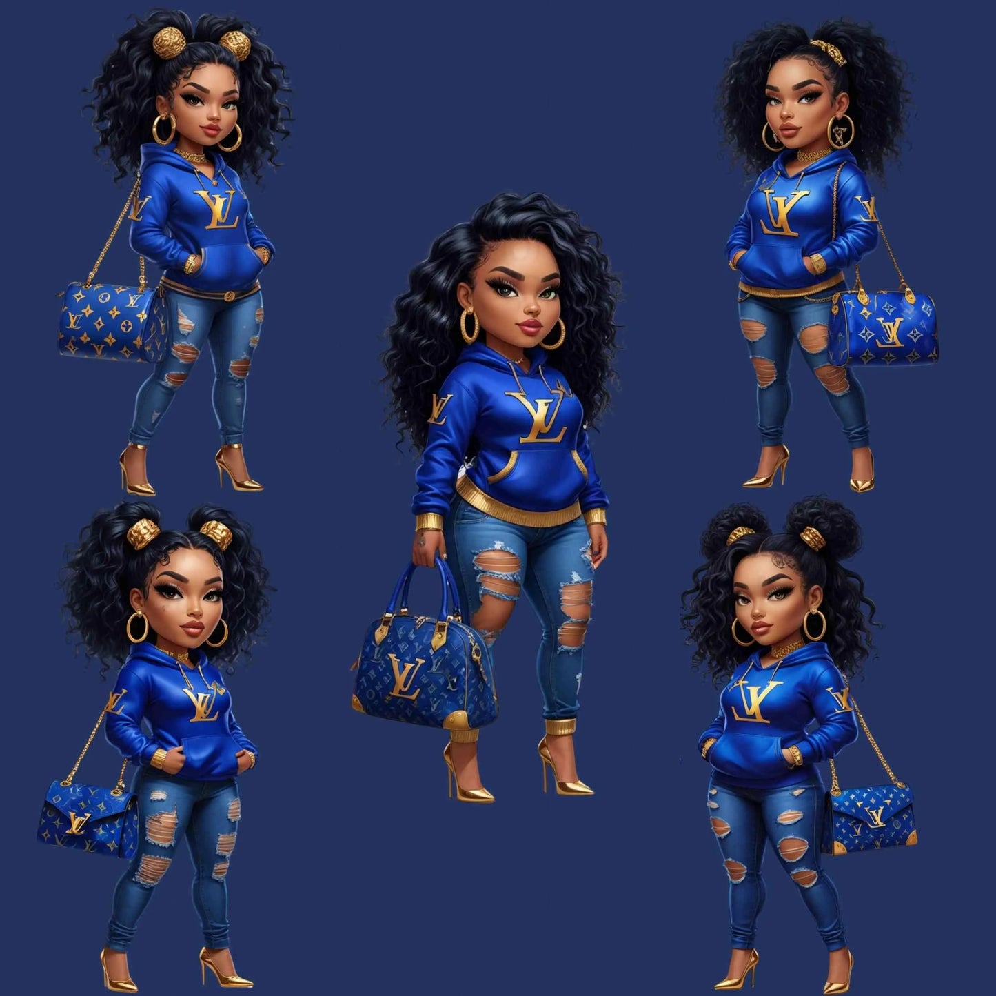 Royal Blue Fashion Girl PNG Bundle | High-Res 300 DPI Transparent Clipart for Sublimation T-Shirts, Mugs, Tote Bags, Stickers & More Digital File Style-Junction Custom Designs & Prints