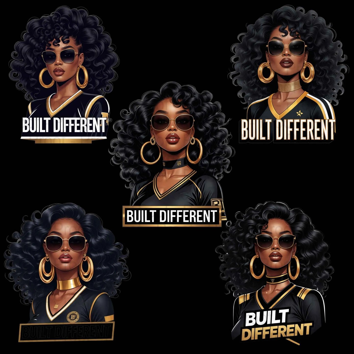 Built Different Black Queen PNG Bundle | 5 High-Res Transparent Clipart Files for Sublimation T-Shirts, Hoodies, Mugs, Tote Bags & More Digital File Style-Junction Custom Designs & Prints