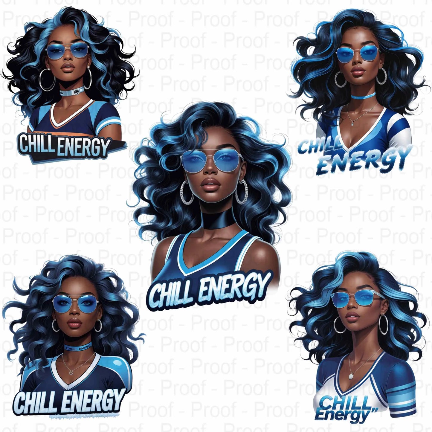 Chill Energy Ice Blue Afro Queen PNG Bundle | 5 High-Res Transparent Sublimation Clipart Files for T-Shirts, Hoodies, Mugs & More Digital File Style-Junction Custom Designs & Prints