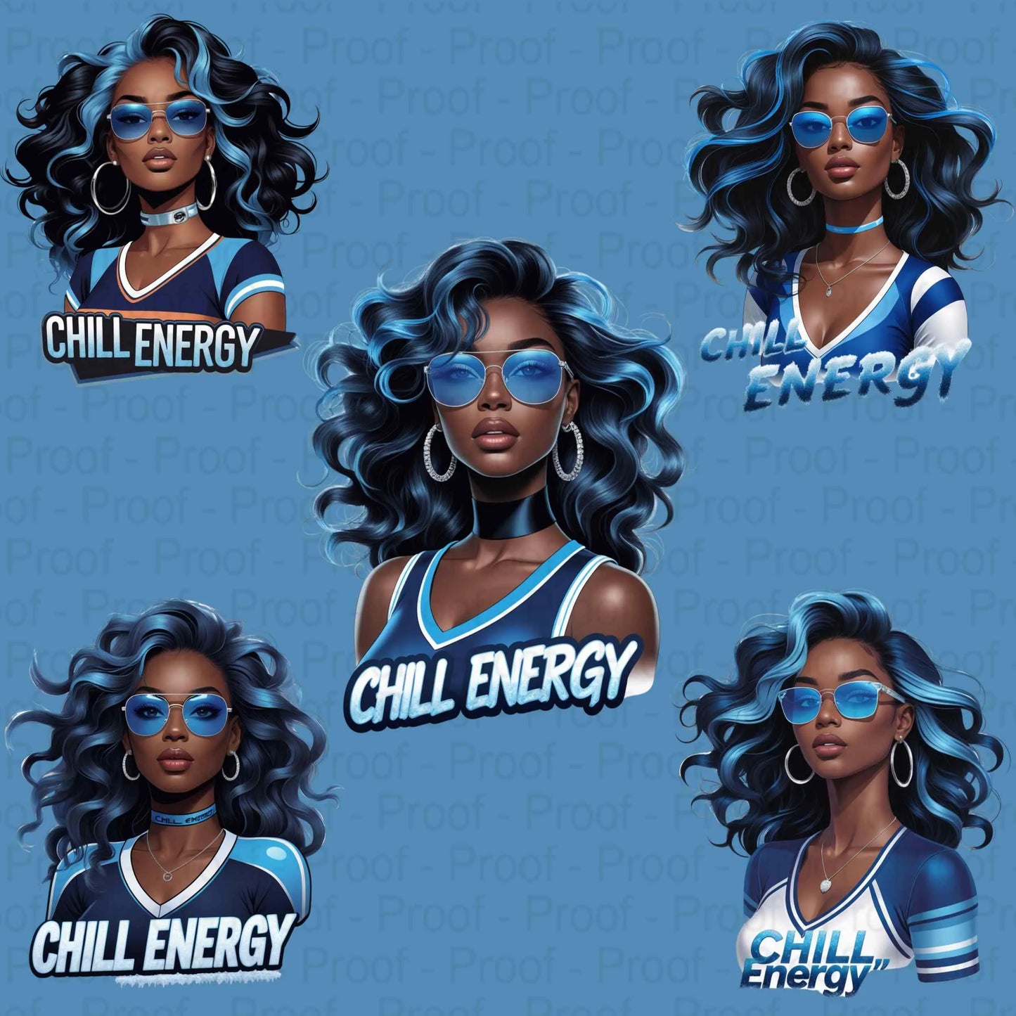 Chill Energy Ice Blue Afro Queen PNG Bundle | 5 High-Res Transparent Sublimation Clipart Files for T-Shirts, Hoodies, Mugs & More Digital File Style-Junction Custom Designs & Prints