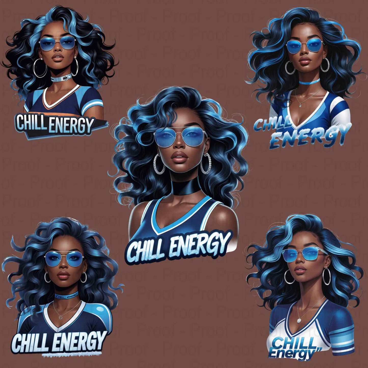 Chill Energy Ice Blue Afro Queen PNG Bundle | 5 High-Res Transparent Sublimation Clipart Files for T-Shirts, Hoodies, Mugs & More Digital File Style-Junction Custom Designs & Prints